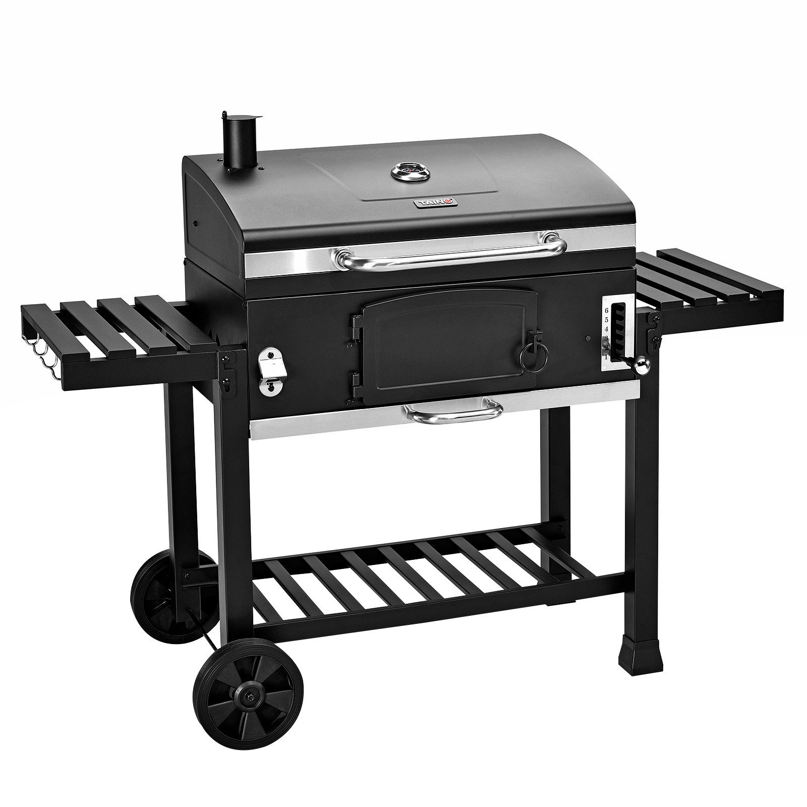 TAINO Holzkohlegrill, HERO XXL, Grillwagen, Smoker, integriertes Thermometer, klappbare Seitentische