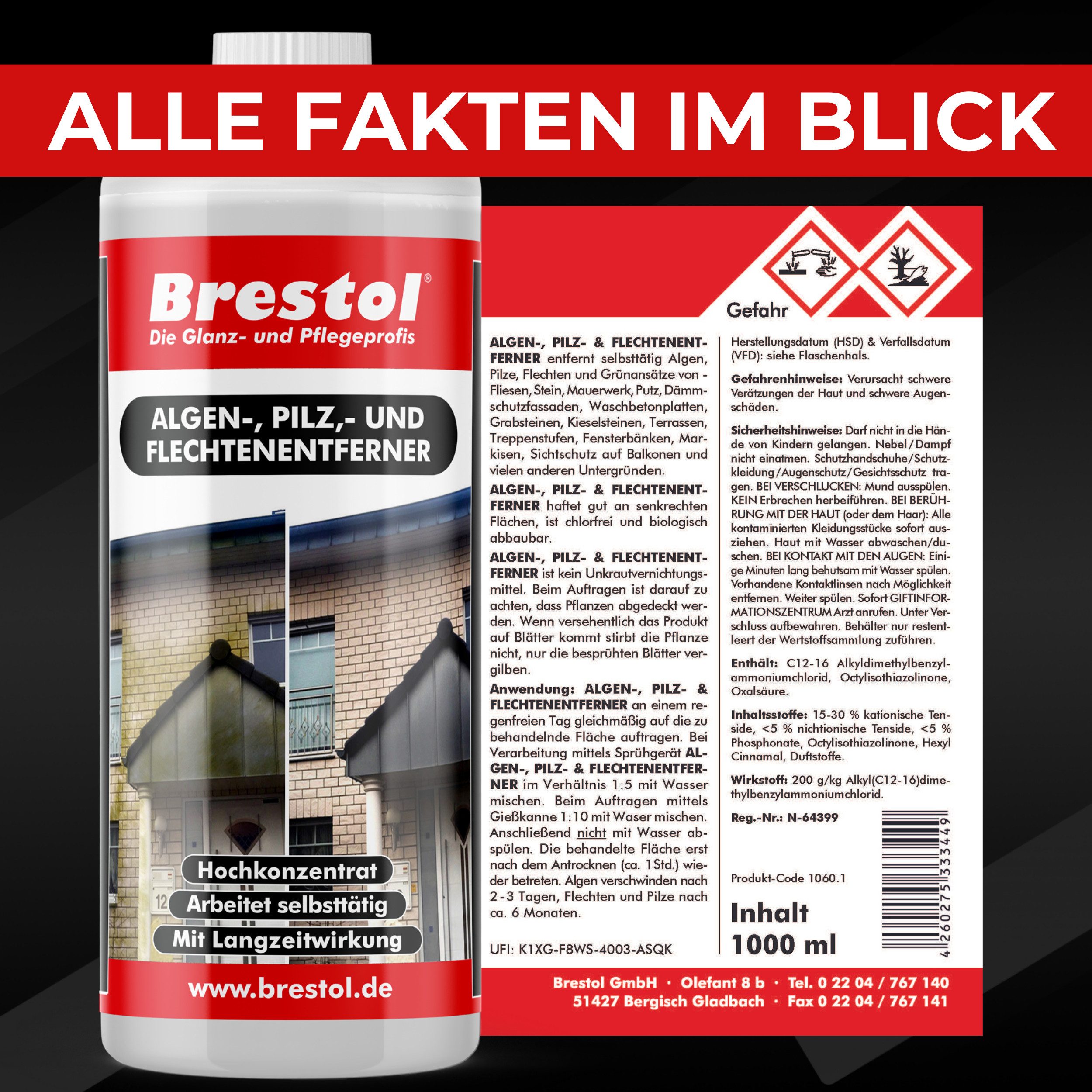 Brestol Algenentferner Pilzentferner Flechtenentferner Grünbelagentferner (Algen-, Pilz & Flechtenentferner 6x 1 Liter Arbeitet selbsttätig)