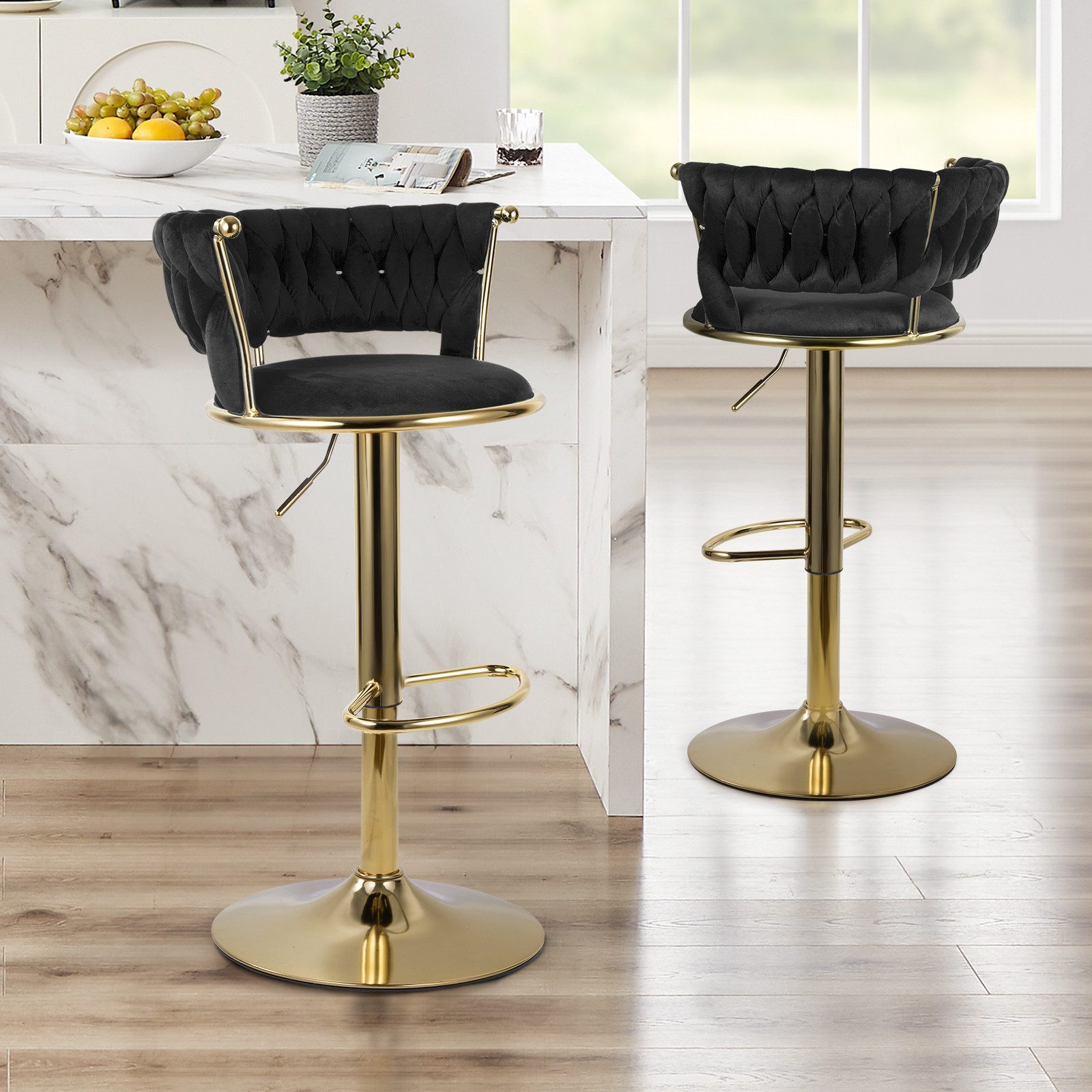 HawthyHome Barhocker Barstuhl mit Rückenlehne und Fußstütze höhenverstellbar drehbar (2 St), mit goldener Metallbasis, Schwarz