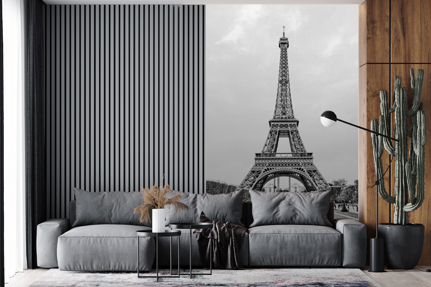MuchoWow Fototapete oder Schlafzimmer, des Schwarz-Weiß-Foto Wandtapete Tapete Wohnzimmer bedruckt, für Eiffelturms, Vinyl Matt, (3 St)