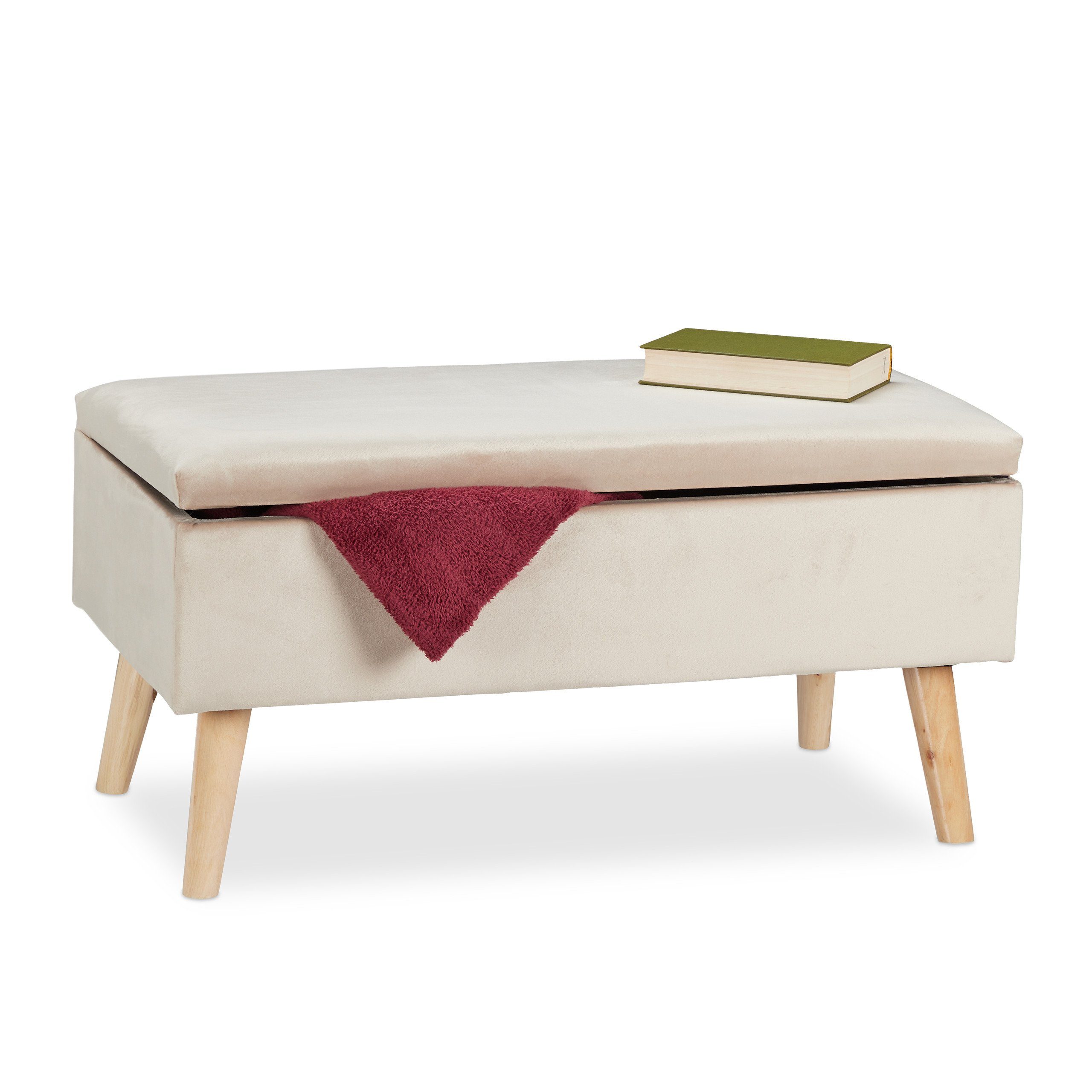 relaxdays Sitzbank Samt Sitzbank mit Stauraum, Creme