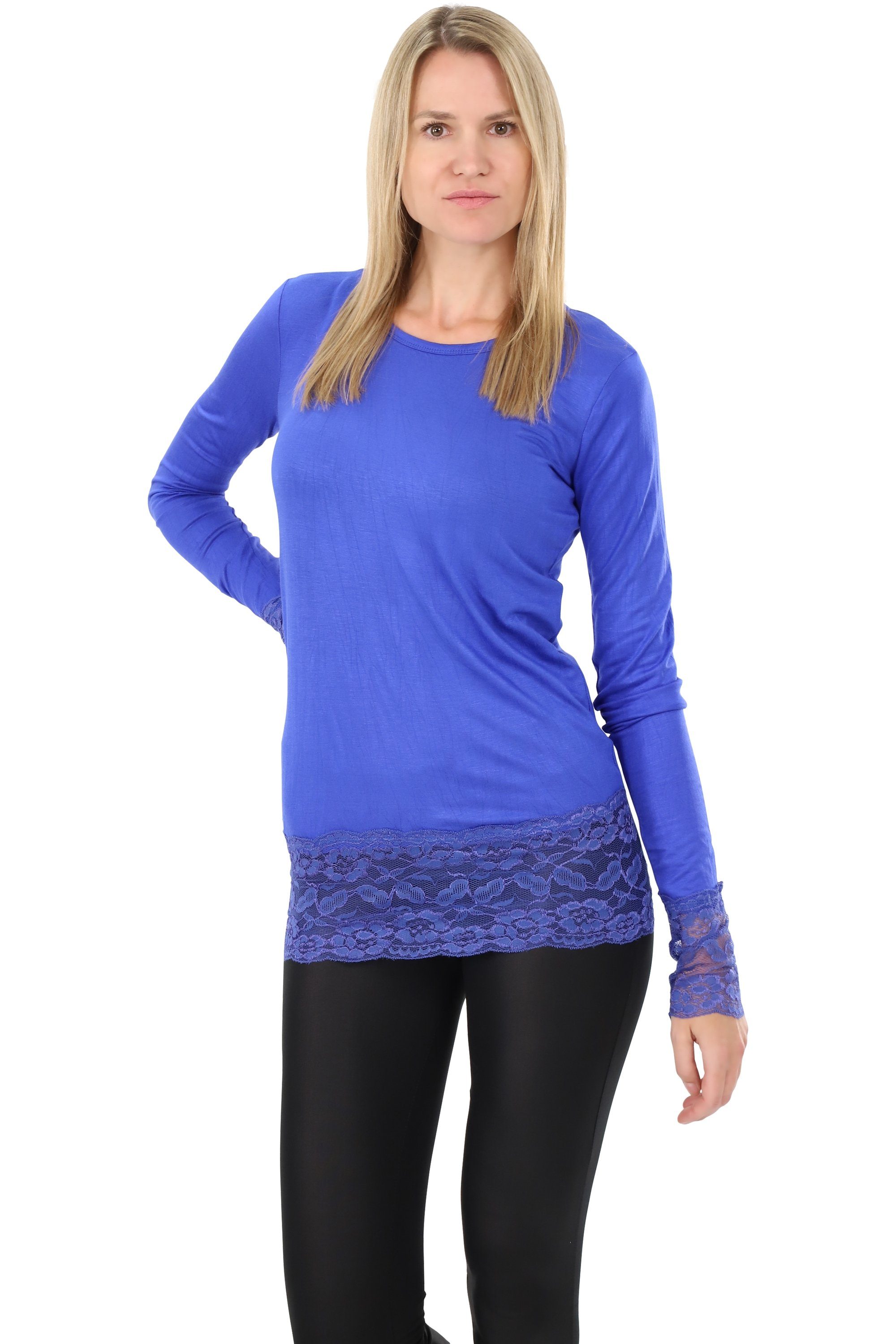 Longshirt 0998 Langarm royalblau Spitzensaum mit Muse Rundhalsshirt