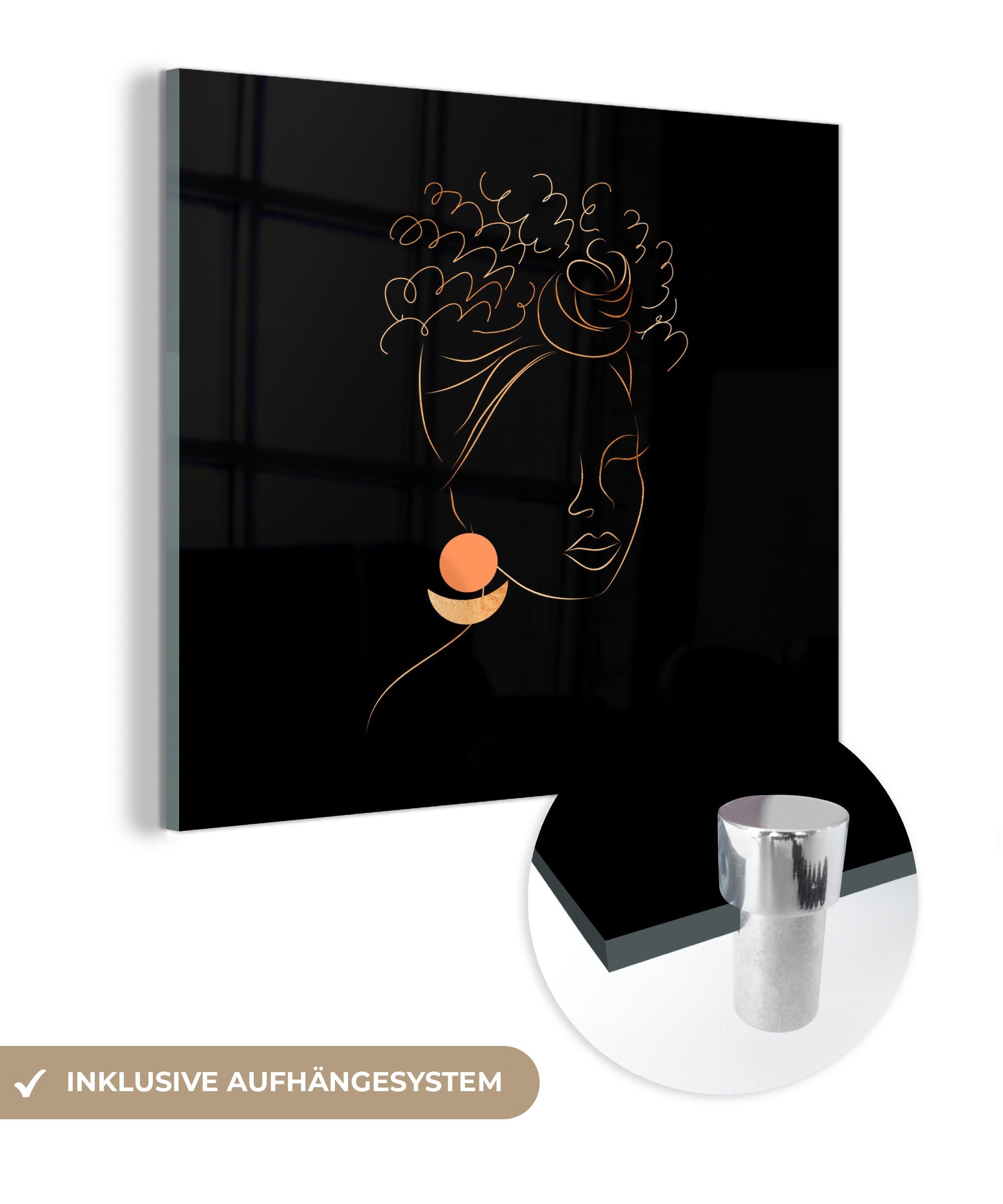 MuchoWow Acrylglasbild Frau - Gold - Strichzeichnung, (1 St), Glasbilder - Bilder auf Glas Wandbild - Foto auf Glas - Wanddekoration