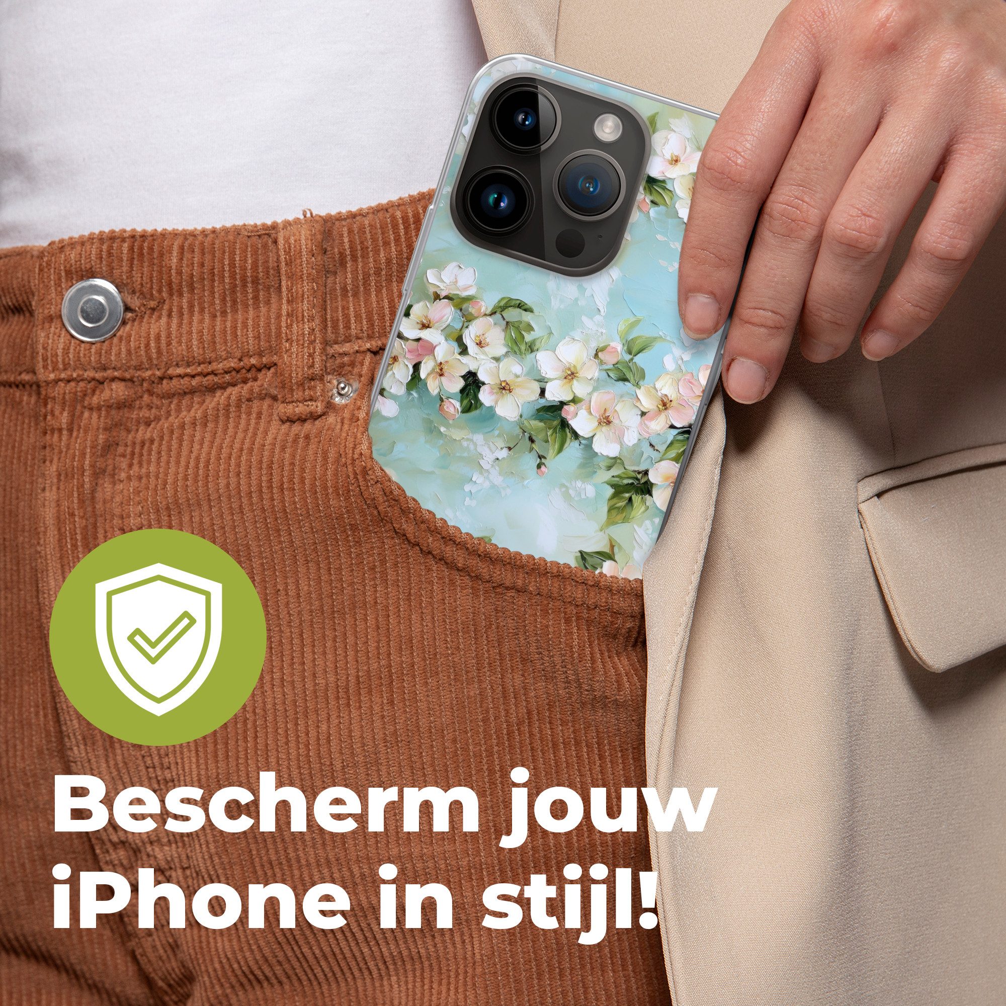 MuchoWow Handyhülle für Apple iPhone 14 Pro Blüte - Blätter - Hellblau, Smartphone-Bumper, Print, Handy Schutzhülle Dünn