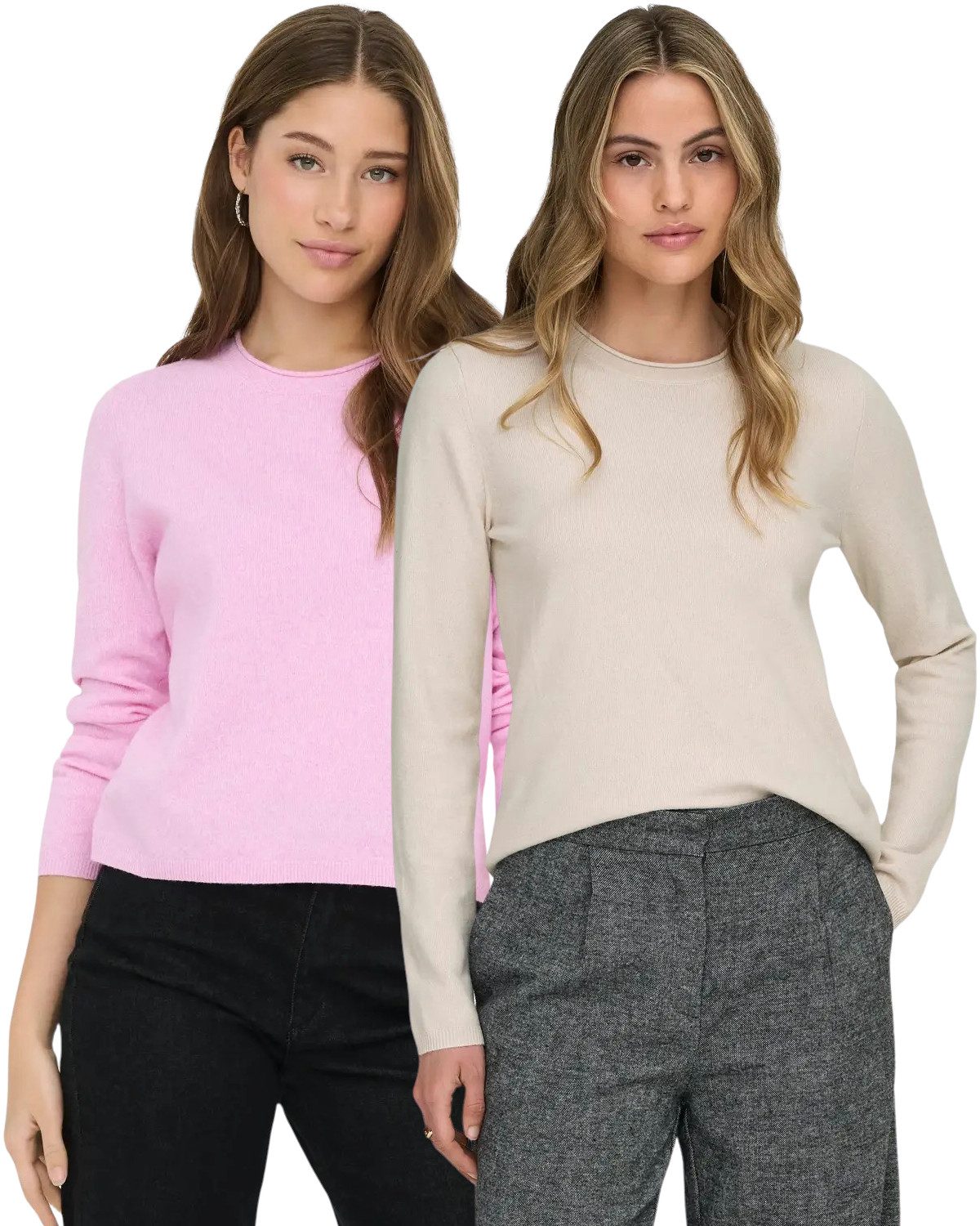 ONLY Rundhalspullover (2er-Pack) Zeitloses Design in weicher Flat-Knit-Qualität für Alltag und Büro