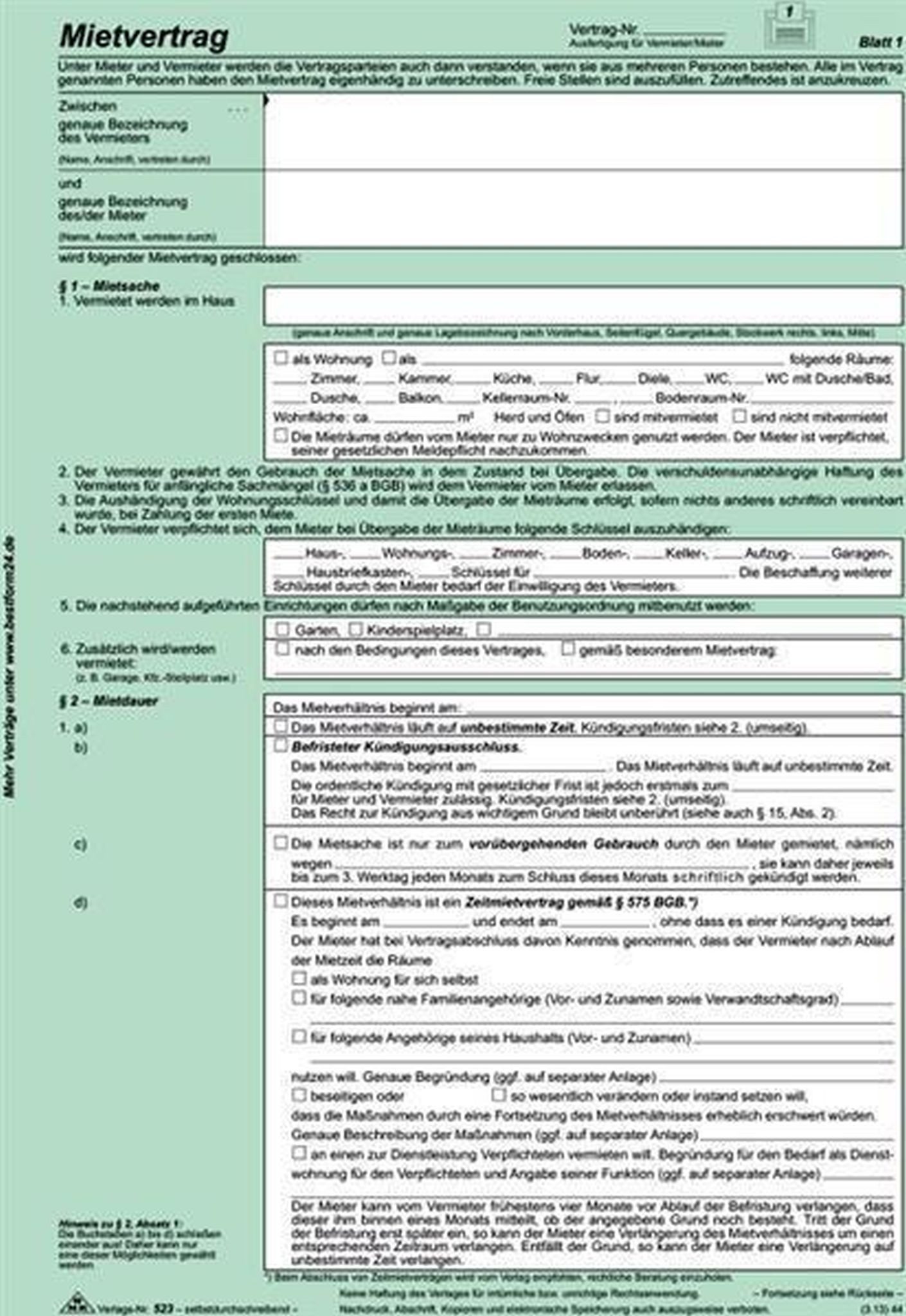 RNK Formularblock RNK Mietvertrag A4 SD Universal 3x2Bl 10St