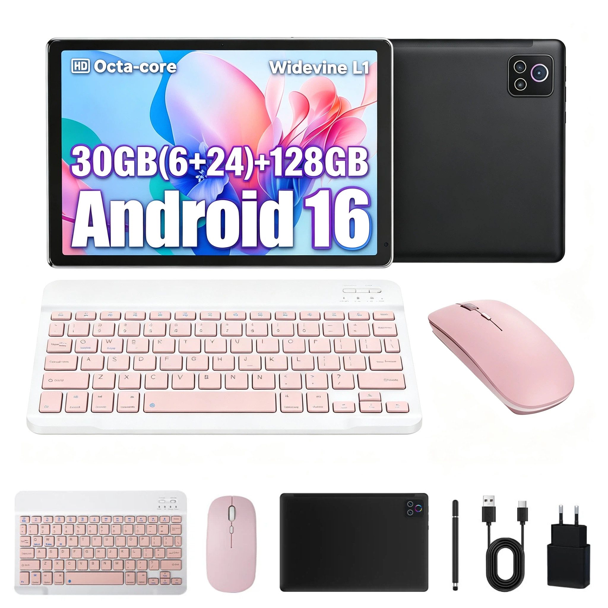 BUFO 10 Zoll, 128GB+1TB Erweiterbar, 1280x800 IPS HD, Wifi 6, Android 16 Tablet (10", 128 GB, Android 16, WiFi 6, 30(6+24)GB RAM, mit Stift, Tastatur und Maus, Gemini AI)