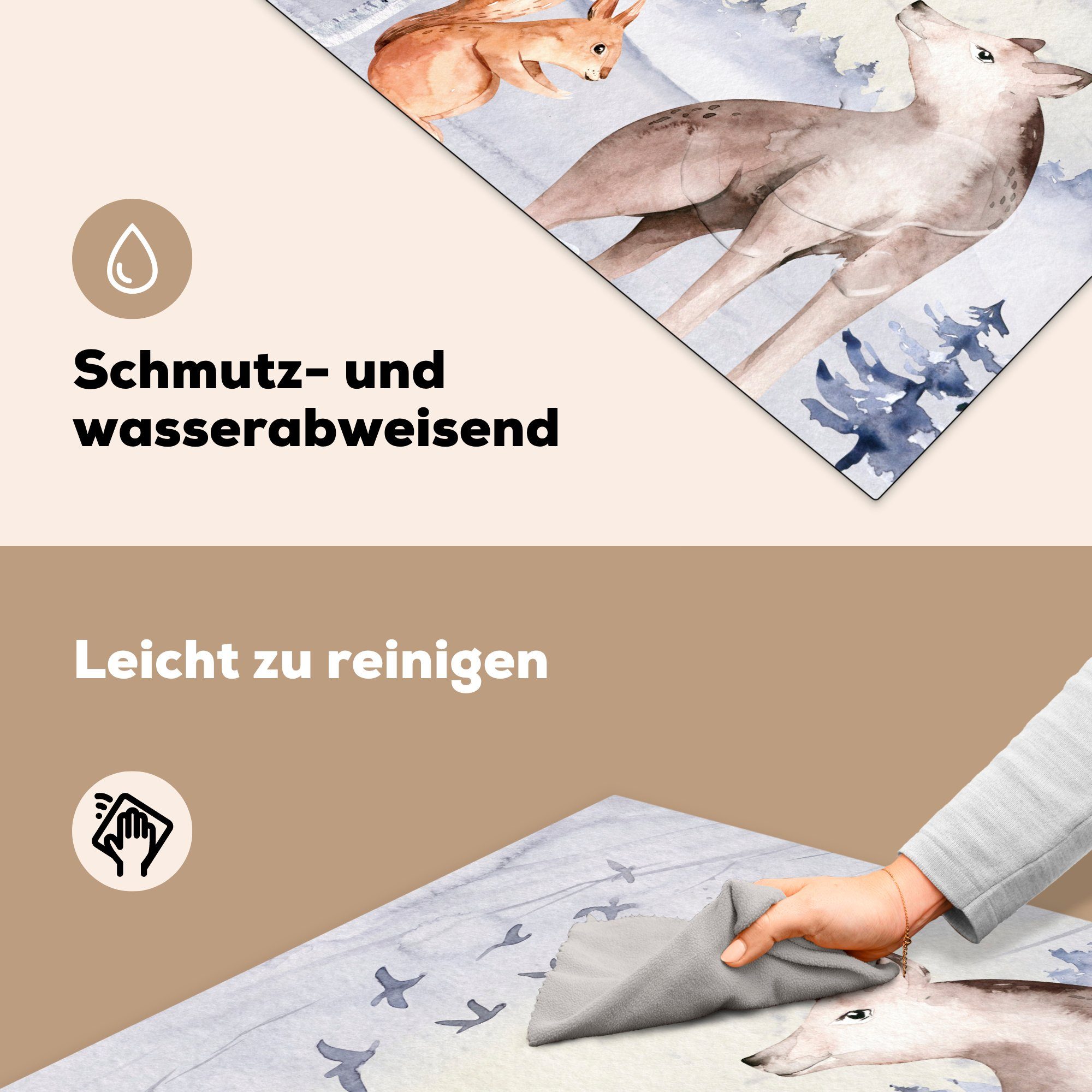 - Schnee 78x78 küche Tiere Vinyl, tlg), Ceranfeldabdeckung, Arbeitsplatte Winter, - für (1 MuchoWow cm, Herdblende-/Abdeckplatte