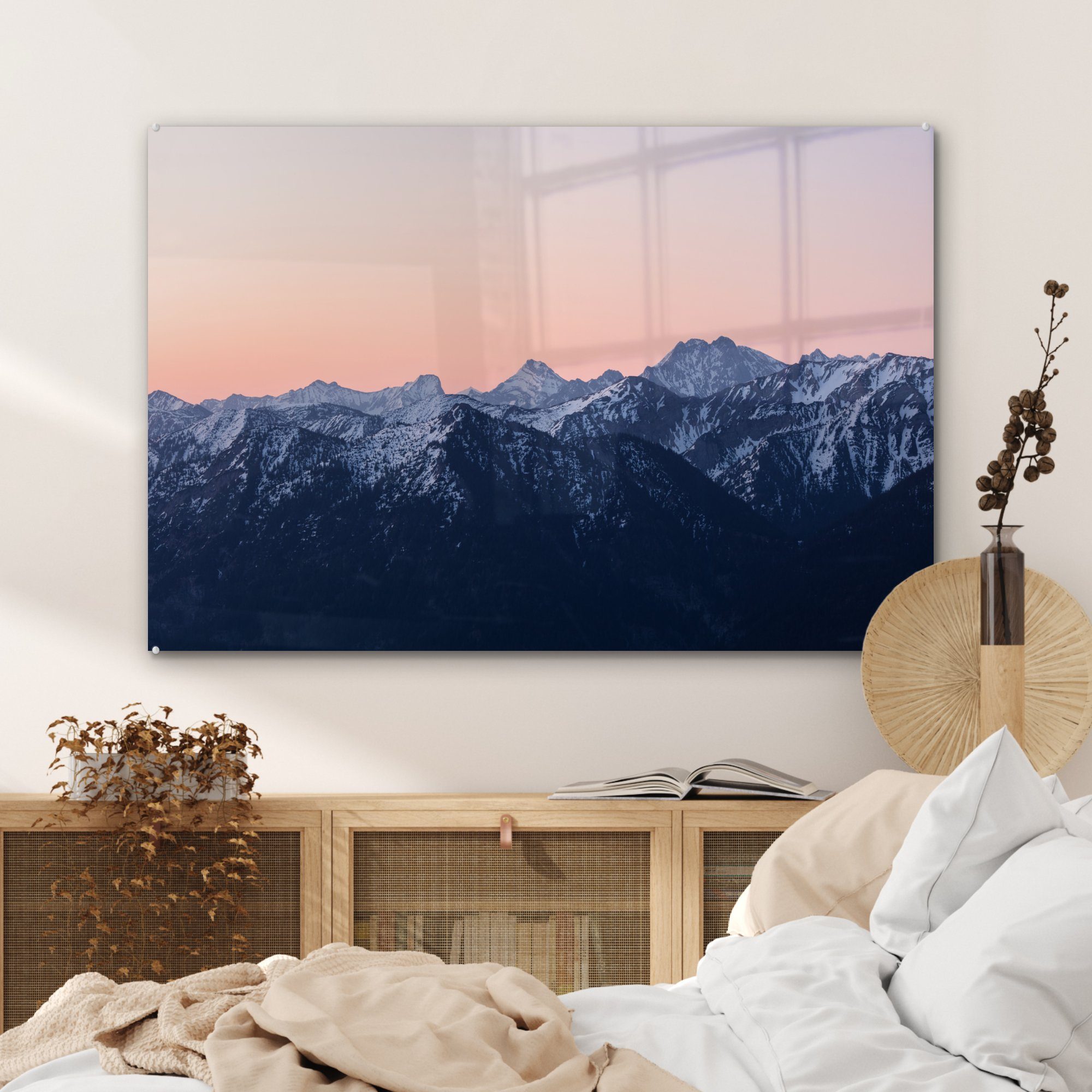 (1 & Berg Wohnzimmer MuchoWow - Acrylglasbilder Sonnenuntergang Acrylglasbild Schnee, Alpen Schlafzimmer - - St),