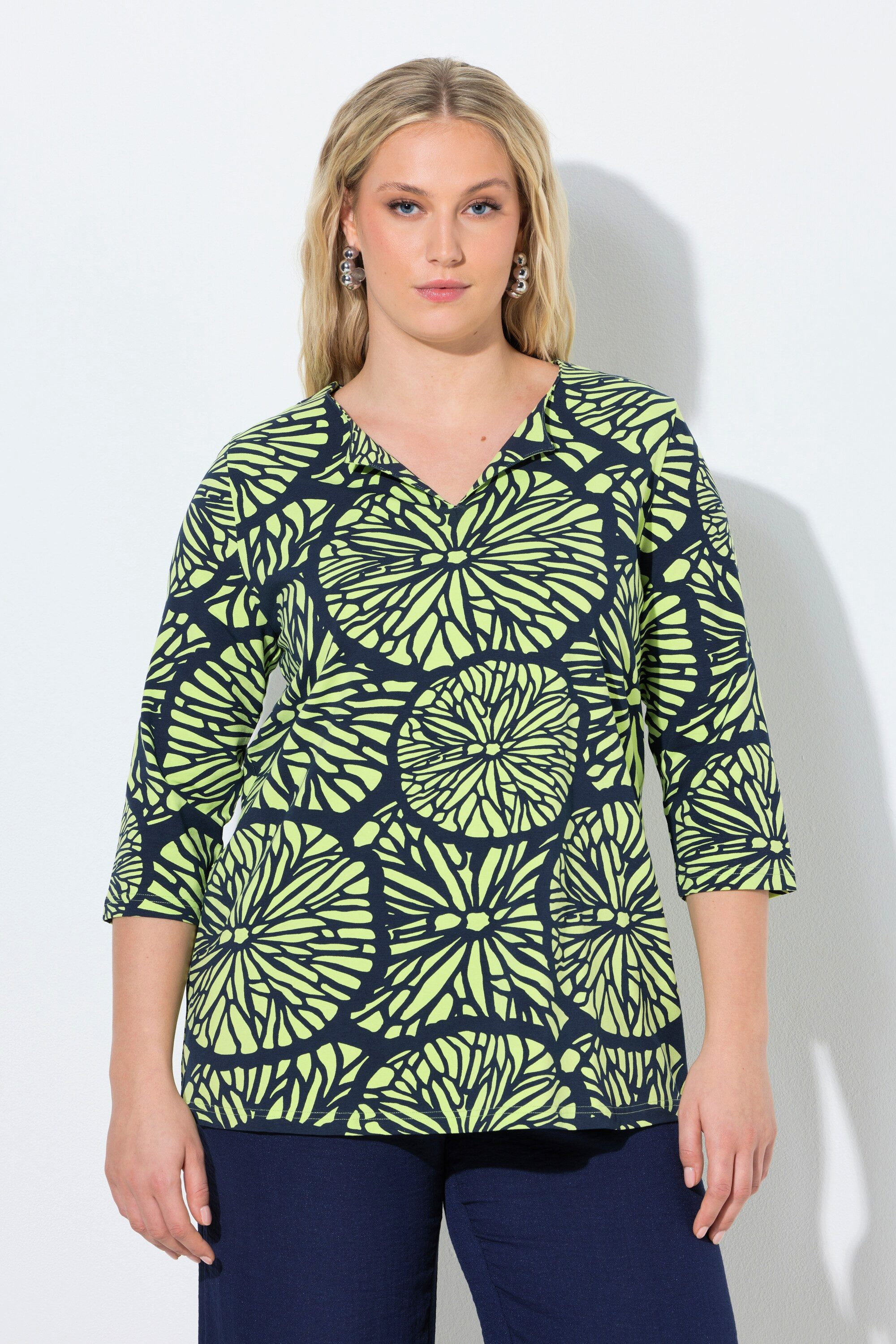 Ulla Popken T-Shirt T-Shirt Limetten V-Ausschnitt Revers Halbarm günstig online kaufen