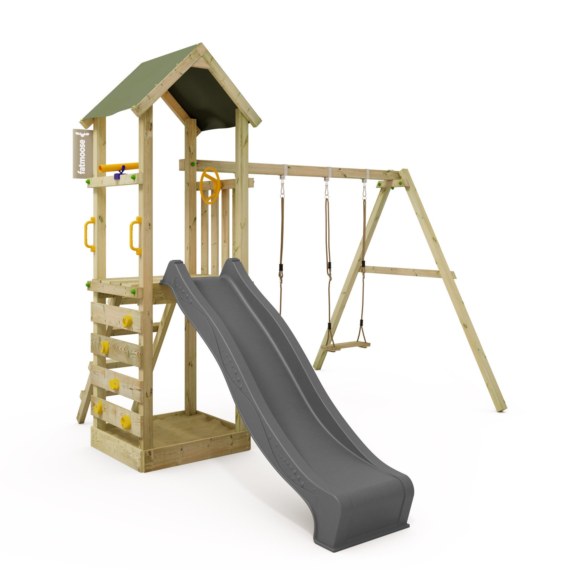 FATMOOSE Spielturm KiwiKey - Abenteuerlicher Kletterturm mit Doppelschaukel, 10-jährige Garantie*, Integrierter Sandkasten