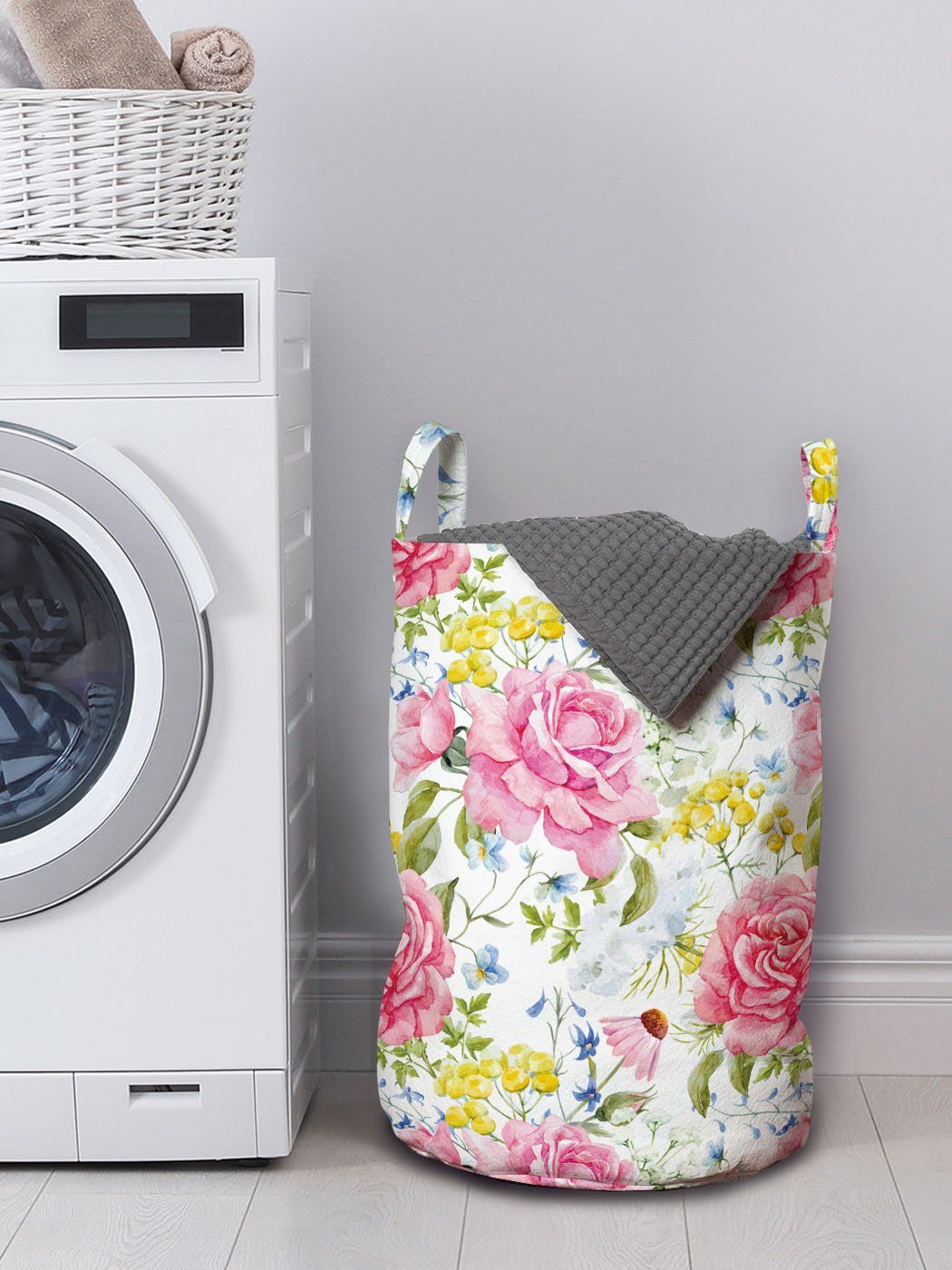 Abakuhaus Wäschesäckchen Wäschekorb für Aquarell Blumen Waschsalons, mit Wiesenblumen Griffen Kordelzugverschluss