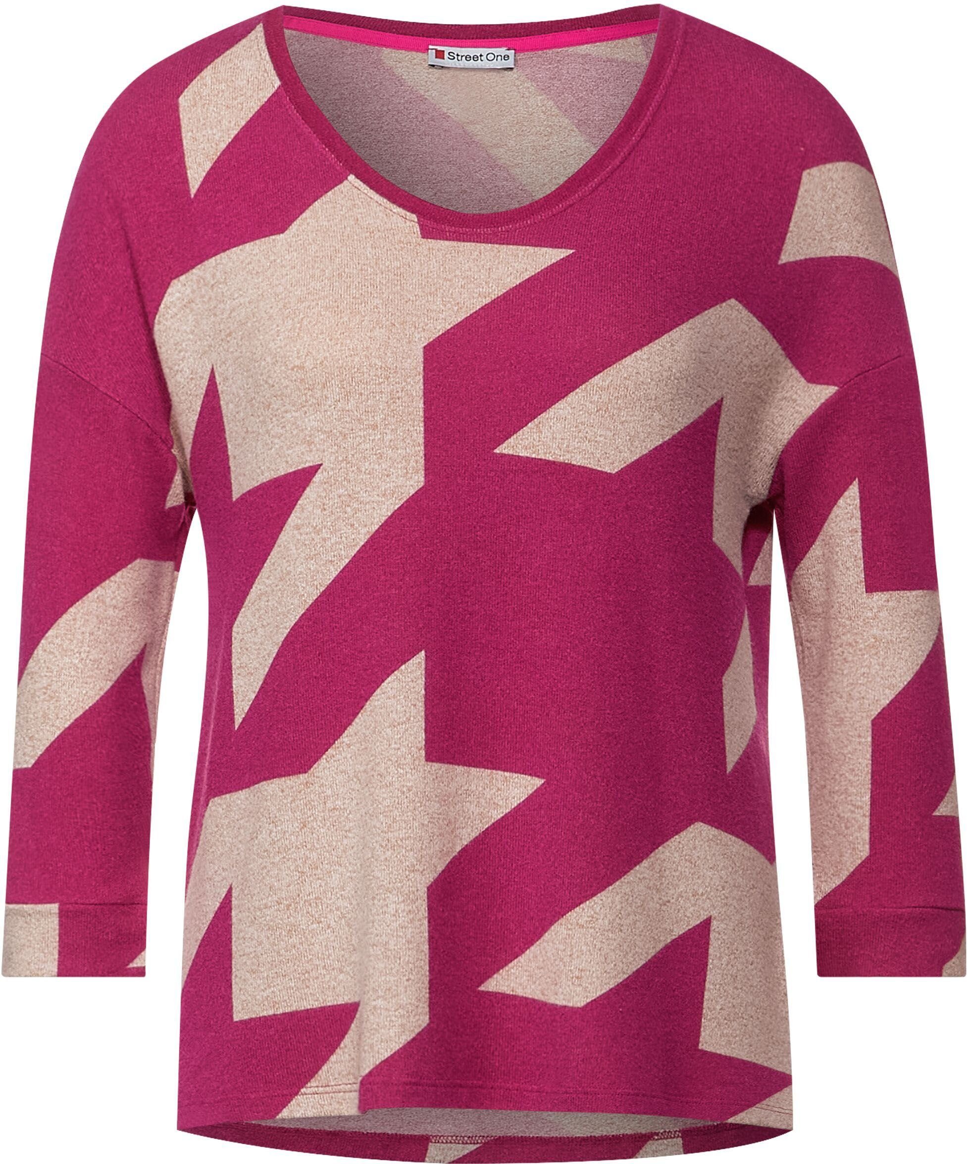 pink ONE mit STREET lavish melange 3/4-Arm-Shirt Hahnentrittmuster