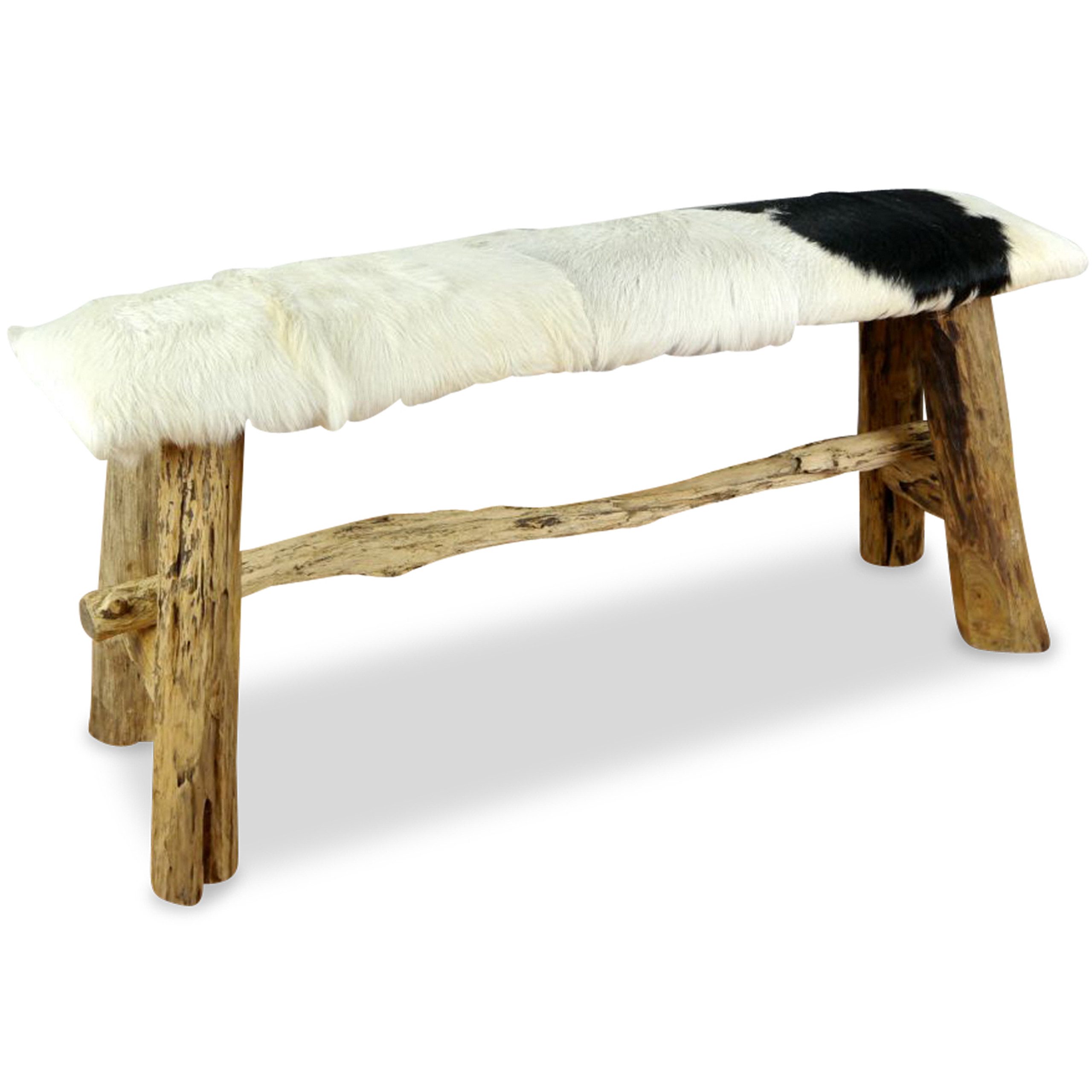 livasia Essbank Ziegenfell - 100x27x42cm - Leder und Massivholz Sitzbank aus Java, handgefertigt