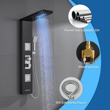 KINKIBOS Duschsystem mit Thermostat und LED Lichter, 4-in-1 Duschpaneel mit LED Regenbrause, 2 Strahlart(en), Handbrause und Wanneneinlauf, Duschsäule aus Edelstahl 304