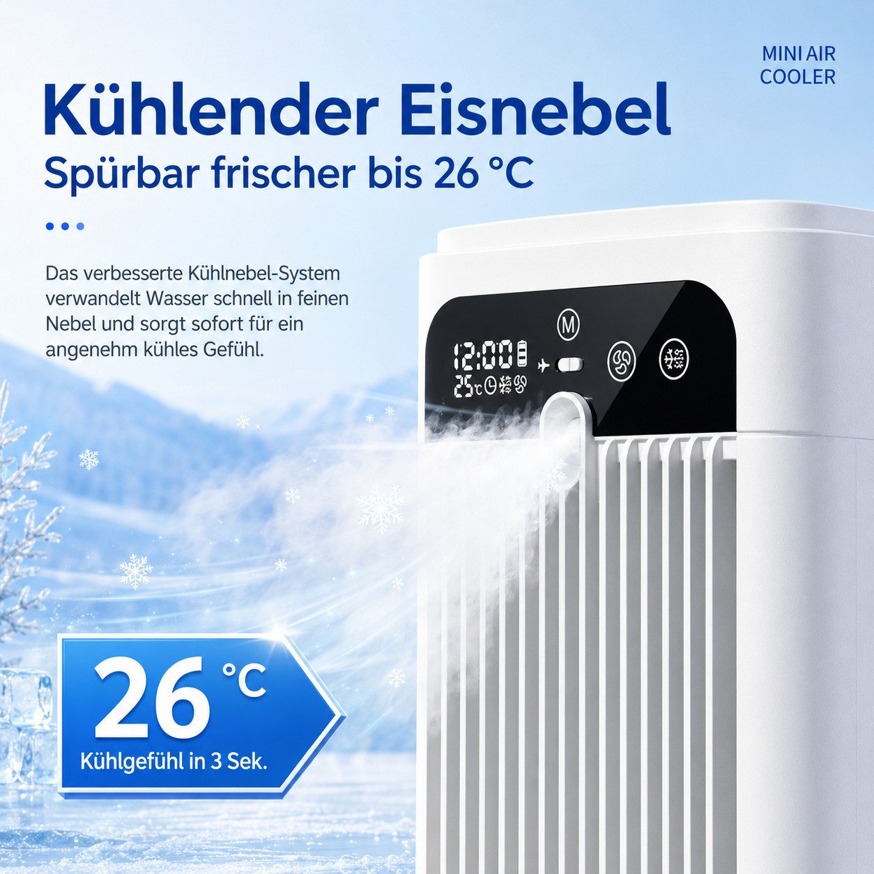 MOPUEA Ventilatorkombigerät Tragbarer Luftkühler, 2 Modi, 500 ml Wassertank, Wassersprühnebel, mit Timer und Digitalanzeige, Typ-C-Aufladung, für Camping, Zuhause