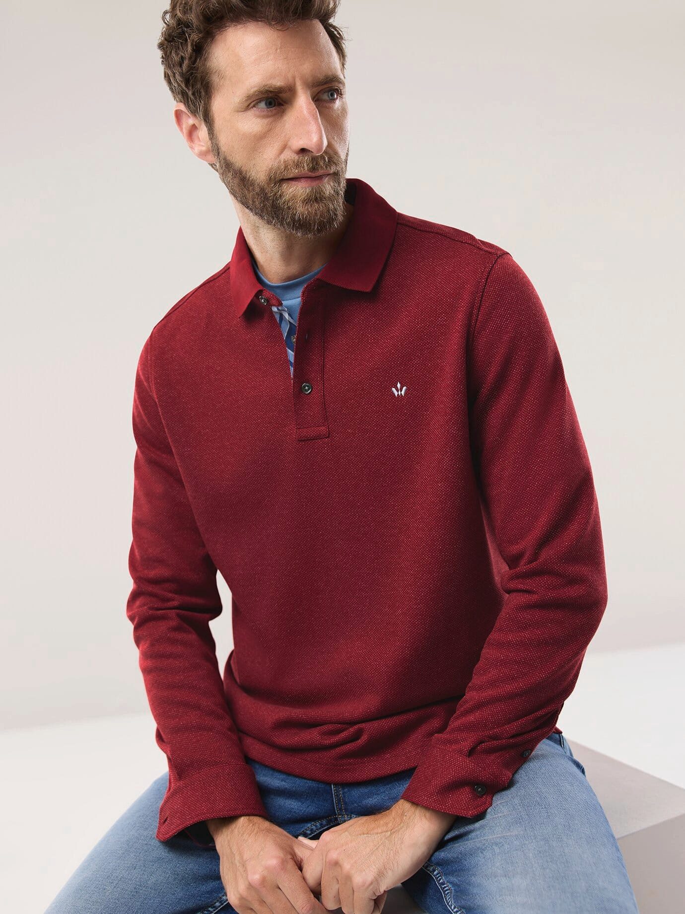 Walbusch Polokragenpullover Herren Jacquard Langarmpolo Flachstrickkragen, bügelfrei
