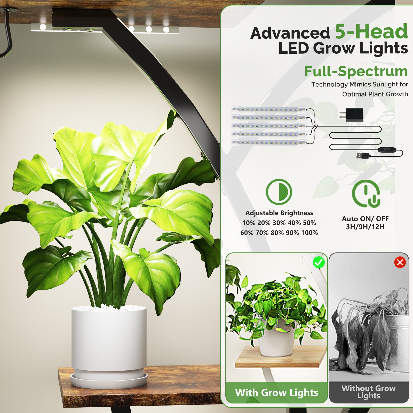 VINGLI Flower Stand Plant Stand with LED Grow Lights, 10-Tier Plant Shelf, Made of Wood and Metal, Stable and Space-Saving, 155*80*26cm