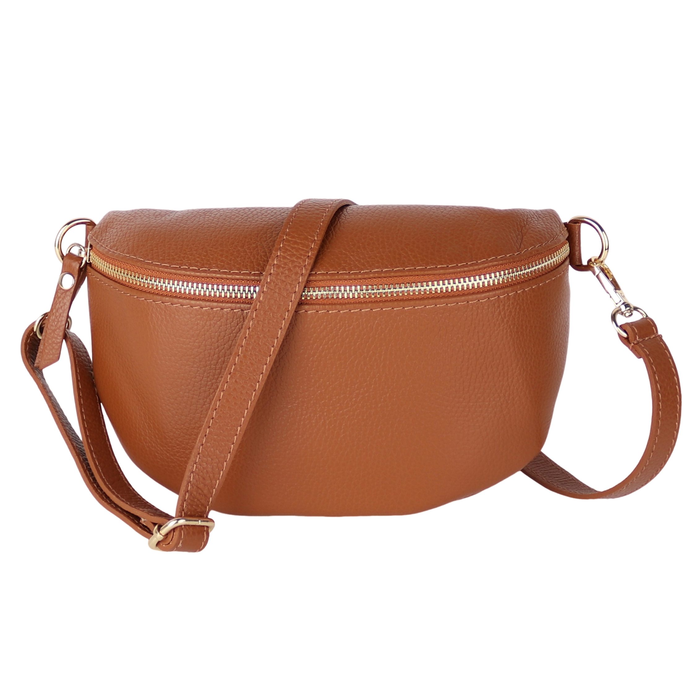 MIRROSI Bauchtasche mit GOLDENER Reißverschluss Damen, Echtleder, MADE IN ITALY, (Umhängetasche, Schultertasche auch Leder für jeden Anlass (1 Tasche & 1 Ledergurt), 3 Größen auswählbar, Brusttasche), Crossbody Bag, Gold, verstellbare Schulterriemen