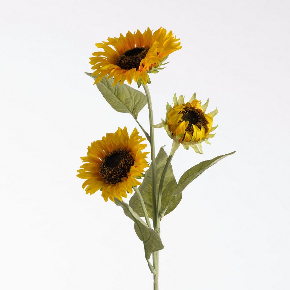 Kunstblume Kunststielblume Sonnenblumenzweig mit 3 Blüten – Höhe 90 cm - Gelb, Goods NL, Höhe 90 cm