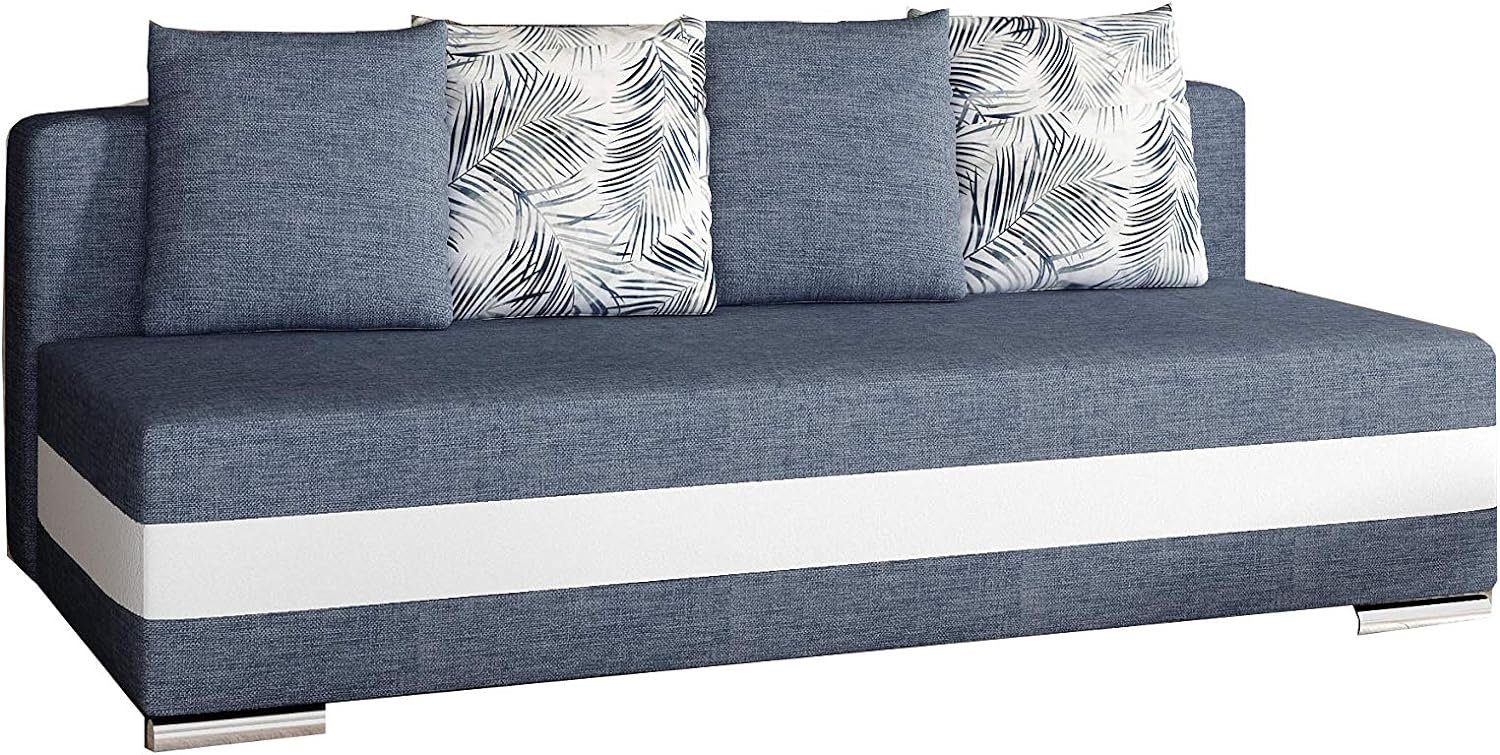 MOEBLO Schlafsofa WALIA, Couch für Wohnzimmer, Schlafsofa Federkern Sofagarnitur Polstersofa Wohnlandschaft, mit Schlaffunktion und Bettkasten Dunkelblau + Weiß (Sawana 80 + Soft 17 + Botanical 80)