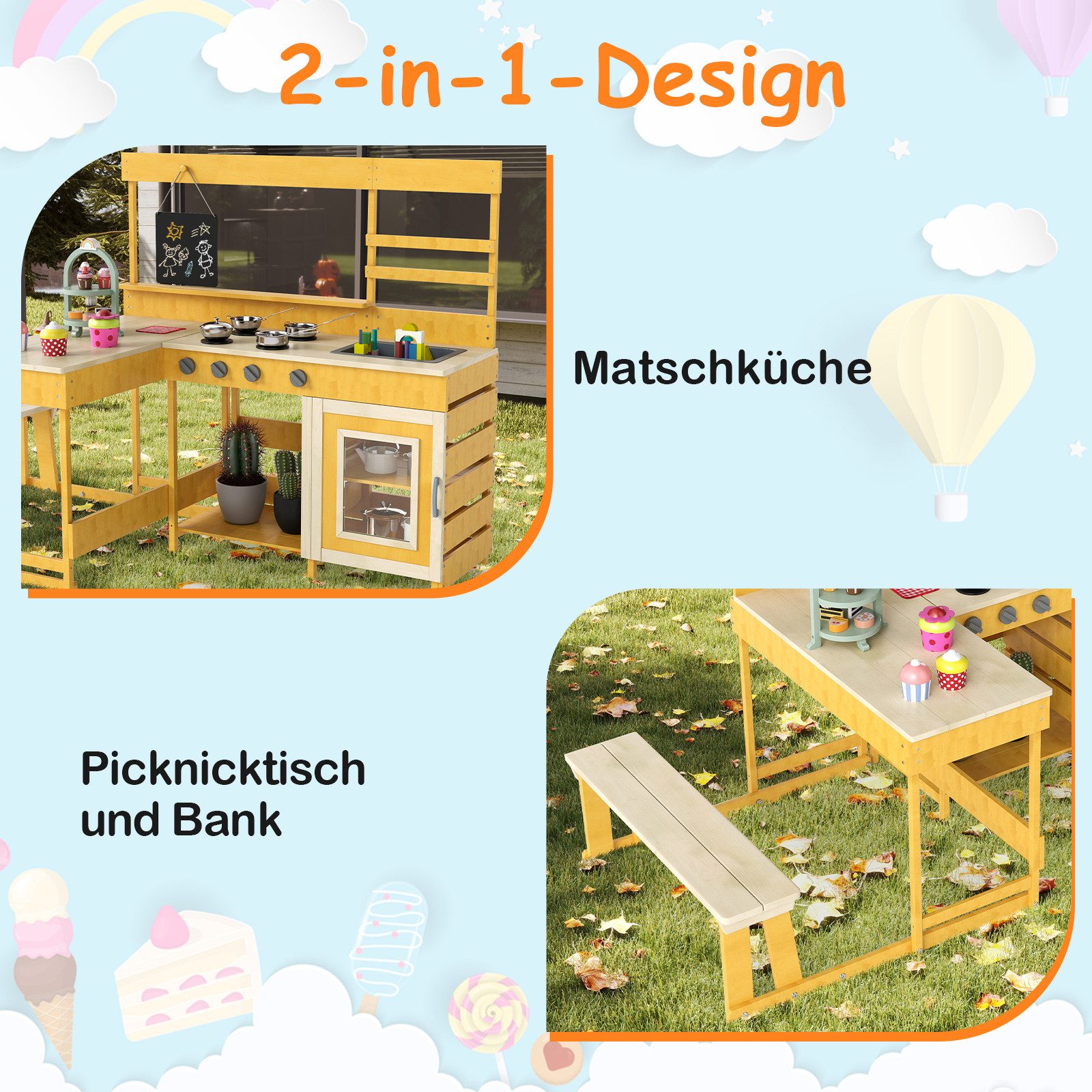 COSTWAY Outdoor-Spielküche Holz, Kinderküche Holz mit Bank, Tafel, Zubehör