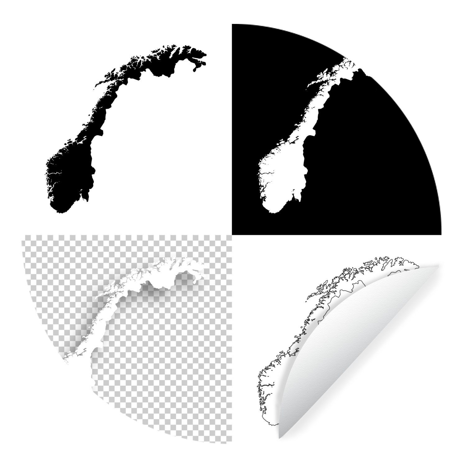 MuchoWow Wandsticker Schwarz-Weiß-Illustration von Norwegen in vier Stilen (1 St), Tapetenkreis für Kinderzimmer, Tapetenaufkleber, Rund, Wohnzimmer