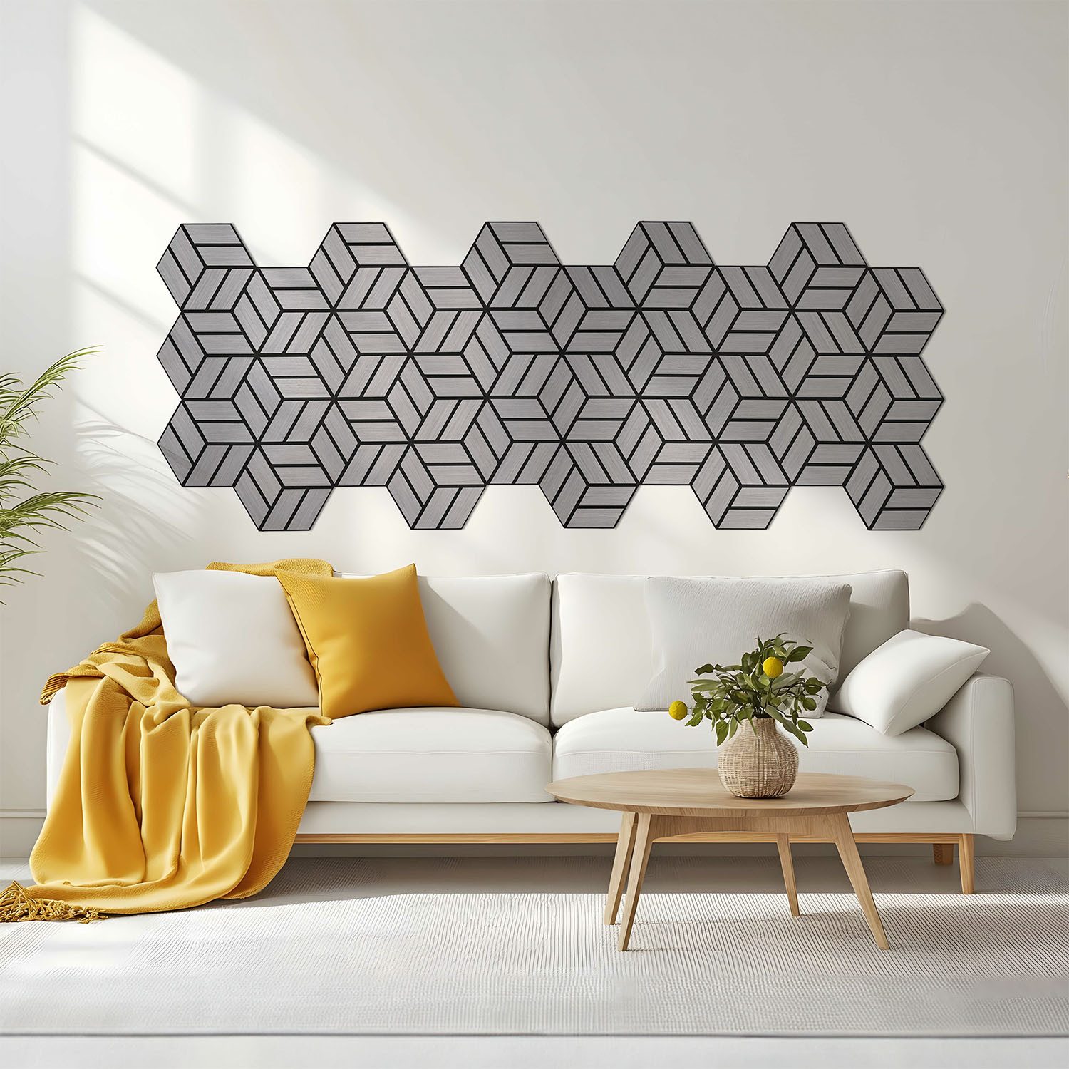 Homestyle4u Wandpaneel je 30x26 Hexagon Akustikpaneele Holz Schallschutz Filz Wand modern, (4er Set, 4-tlg., 4 Akustikpaneele) 3D Akustik Paneel Wandpaneel in Grau zum Kleben oder Bohren