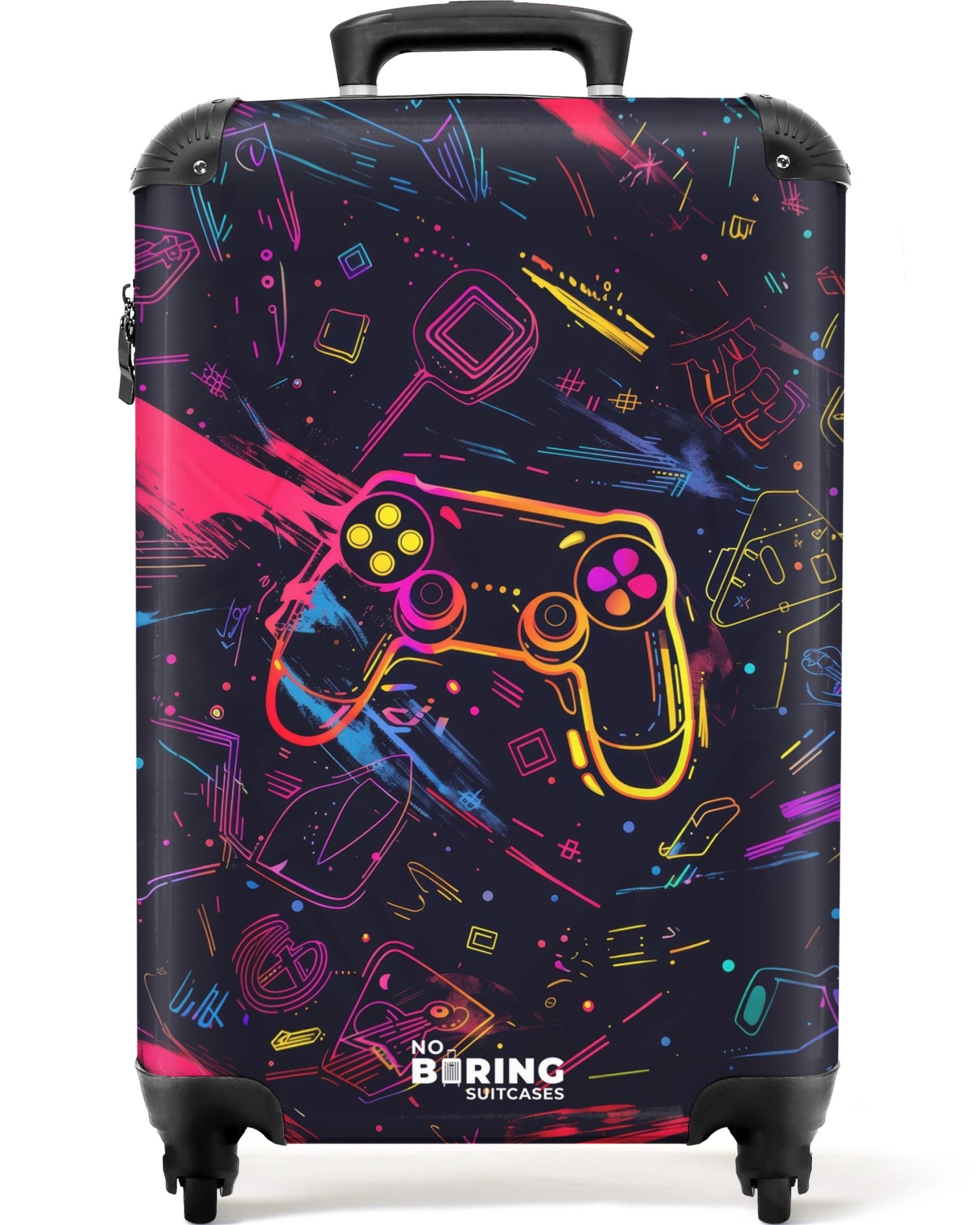 NoBoringSuitcases.com© Kinderkoffer Spielewelt im Neon-Stil 55x35x20cm, 4 Rollen, Handgepäck Koffer, Hartschalenkoffer Kinder, Reisekoffer Jungen