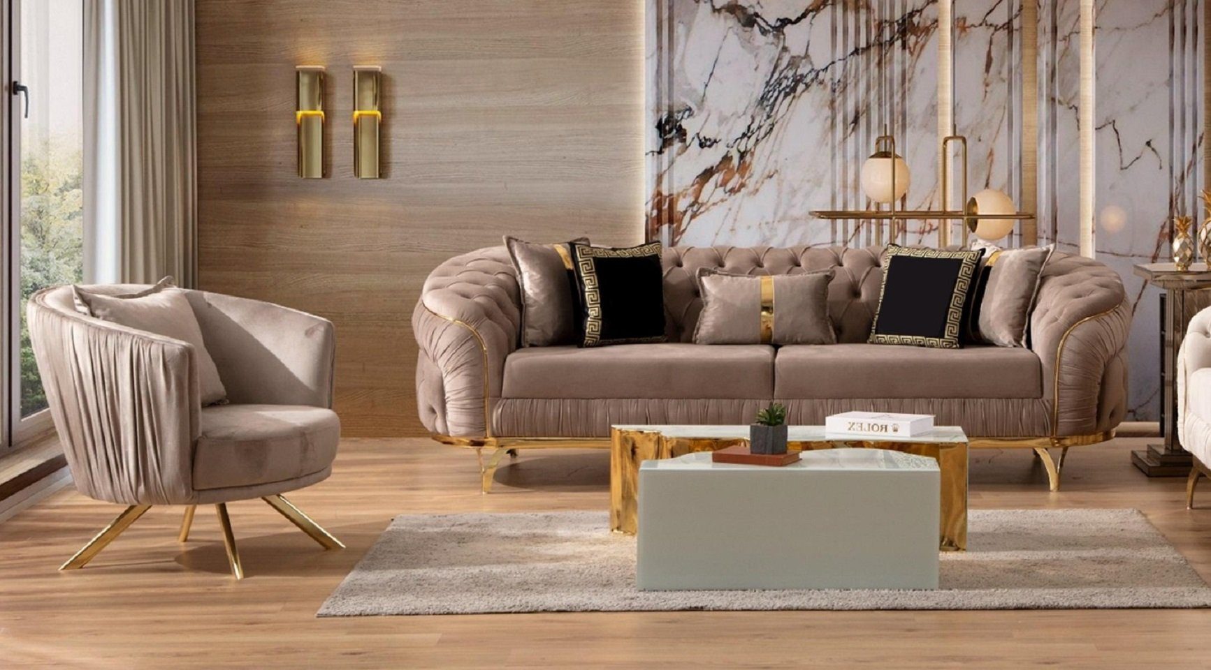 JVmoebel Wohnzimmer-Set Luxus Sofagarnitur 31 Sitzer Textil Designer Chesterfield Sofa Modern, (2-St., Nur 3 Sitzer + Sessel), Made in Europe