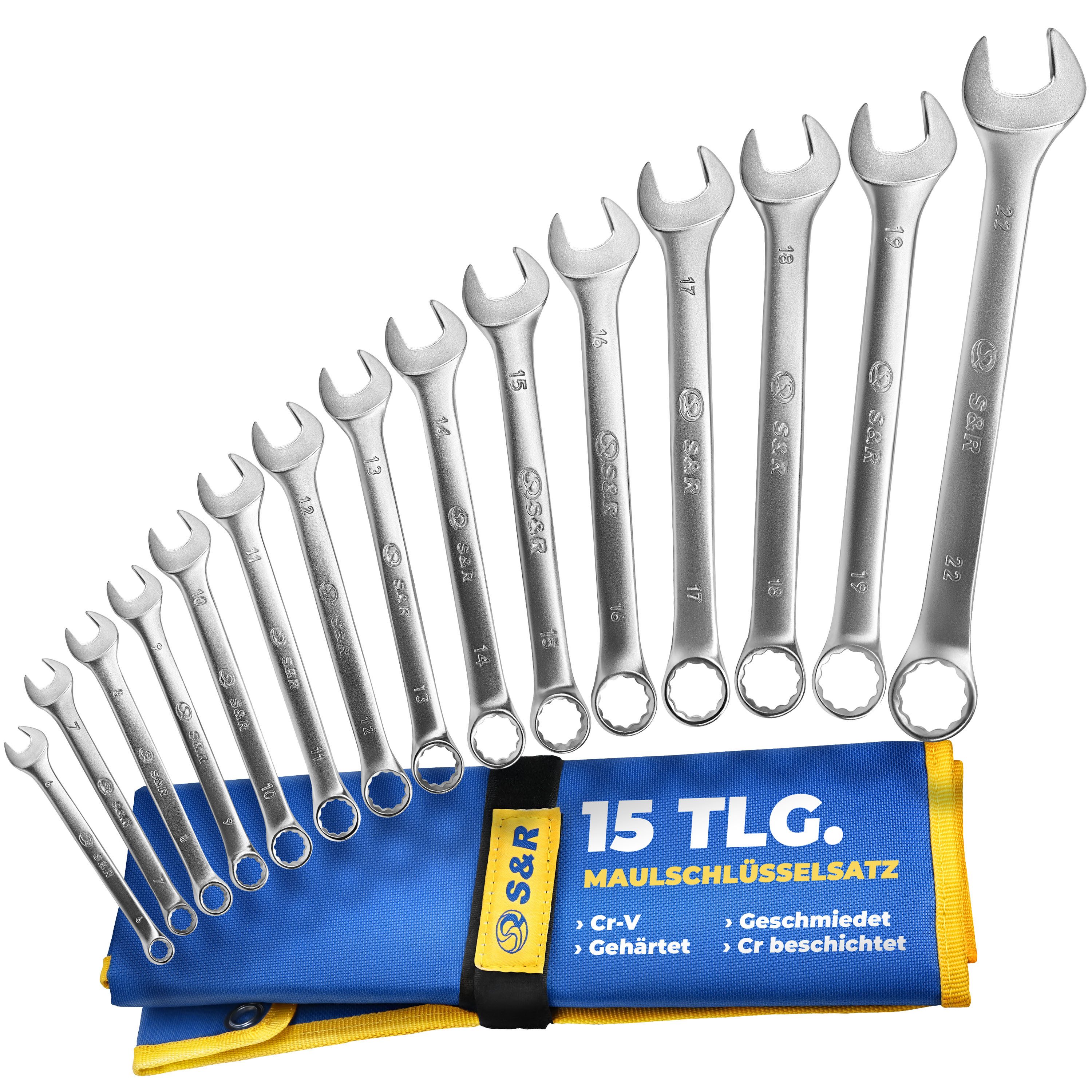 Gabel- und Ringschlüssel S&R Ring-Maulschlüssel Satz 15-teilig, Schraubenschlüssel 6-22 mm