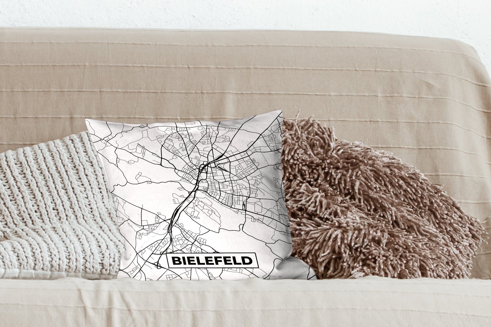 Karte Schlafzimmer, Wohzimmer, - MuchoWow Füllung Zierkissen mit Dekokissen Sofakissen für Stadtplan, Bielefeld Deko, -