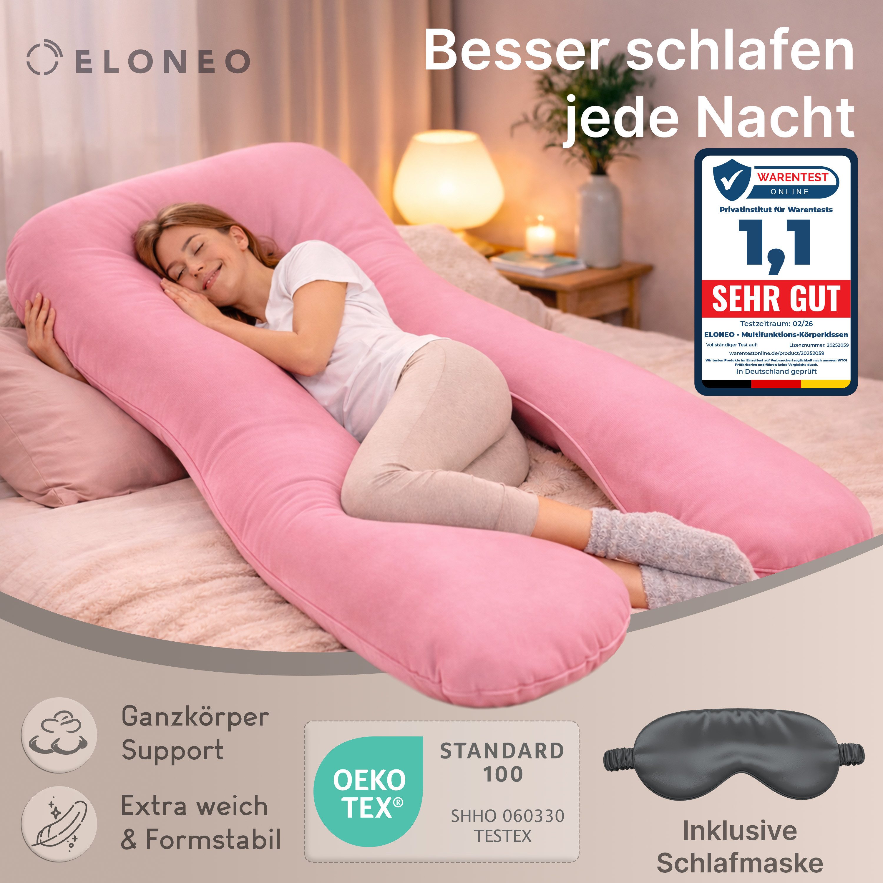 ELONEO Seitenschläferkissen XXL - Multifunktionskissen mit Bezug, formstabil, druckentlastend, bequem
