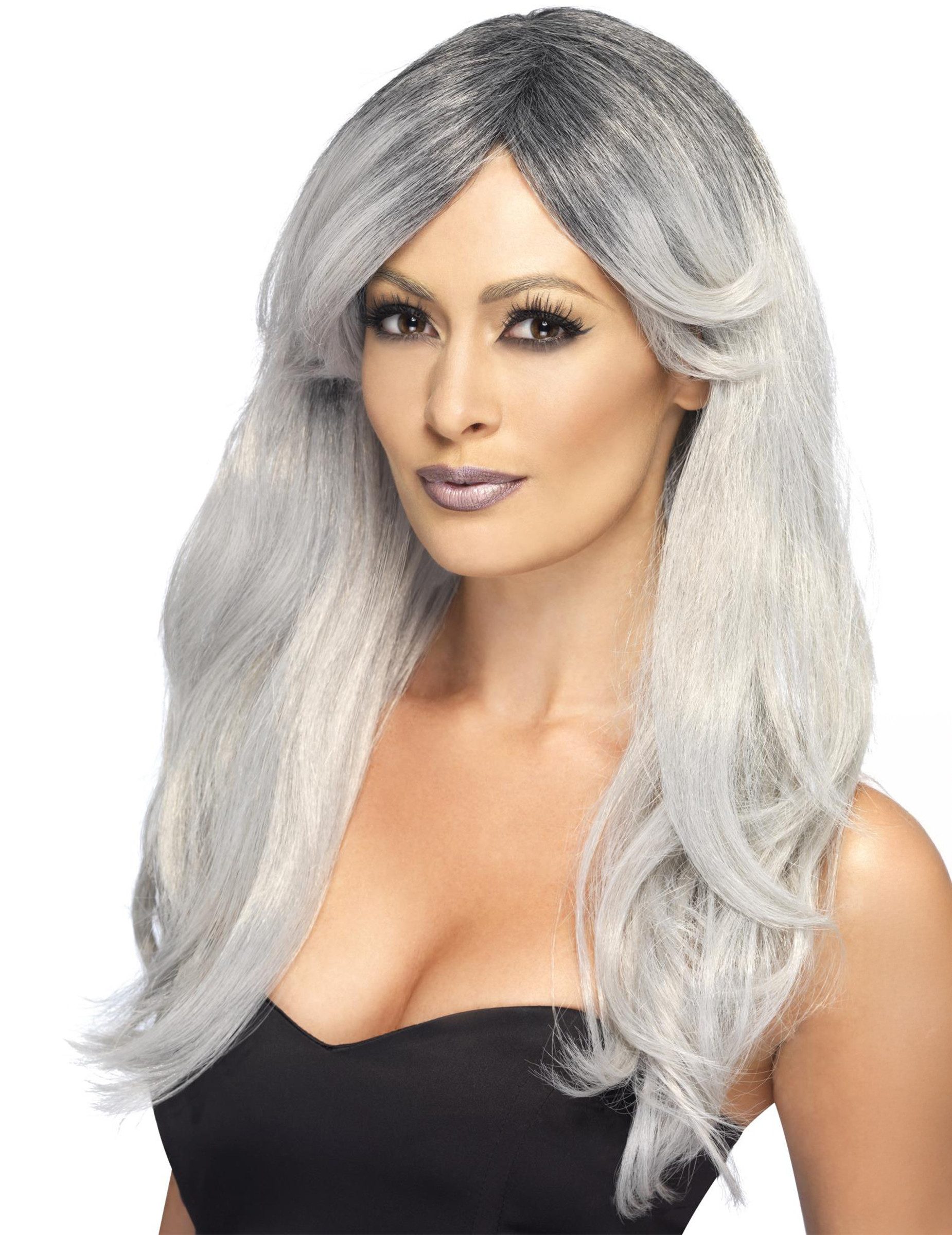 Smiffys Partyanzug Gothic Langhaar-Perücke gewellt grau
