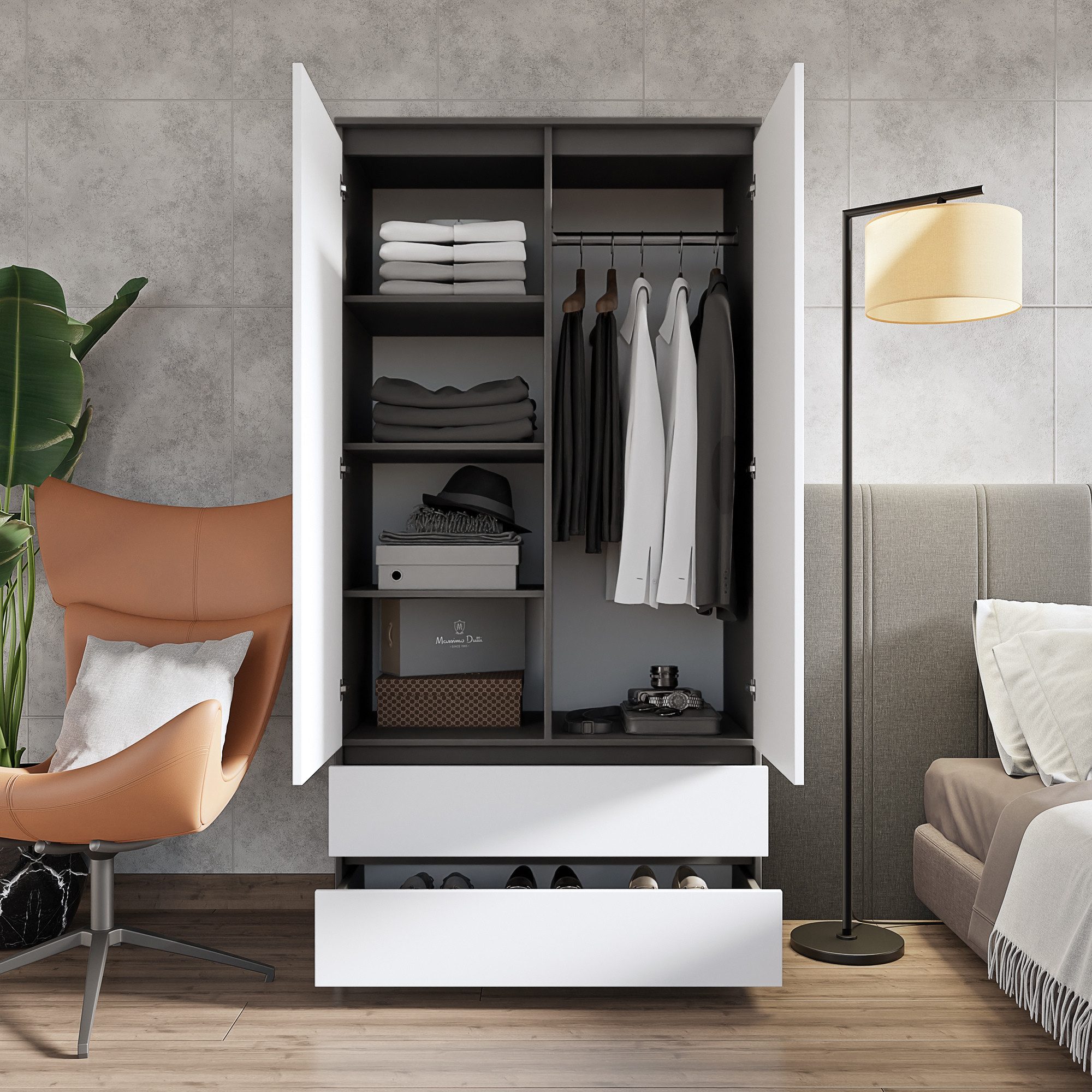 Furnica Kleiderschrank Garderobenschrank, 2 Türen und 2 Schubladen H180 x B90 x T50cm – Bild 2 von 5