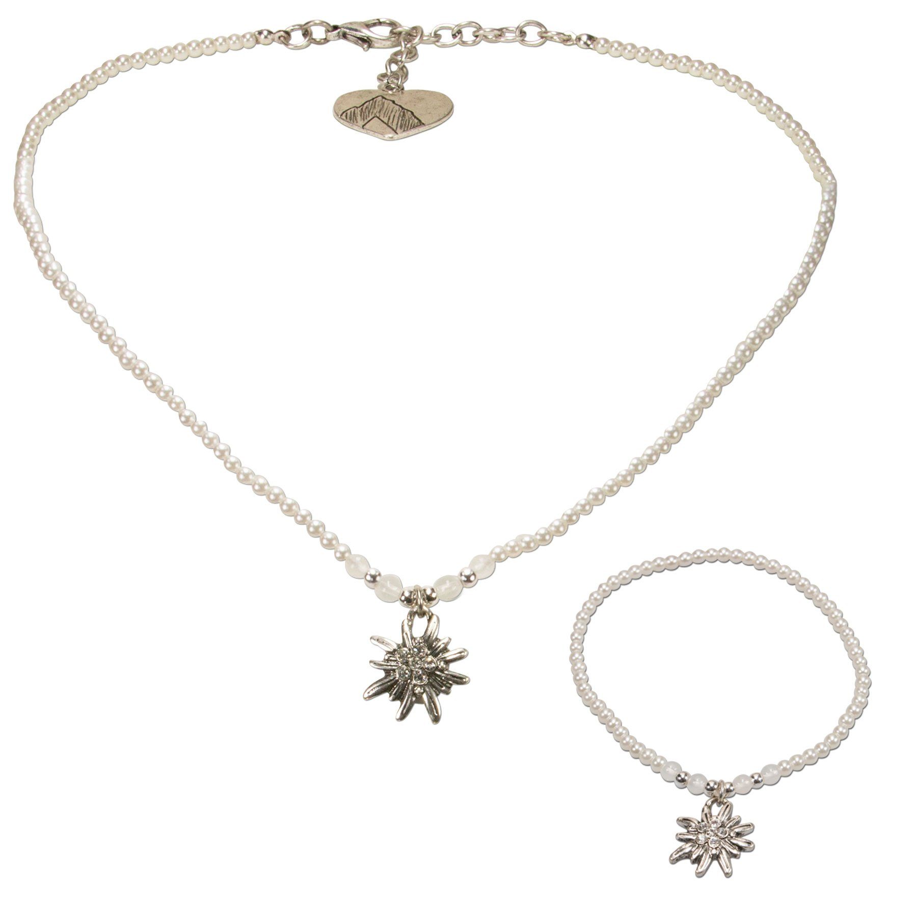 Ketten-Set Trachtenschmuck-Set Filigran Perlen-Trachtenkette und Trachten-Armband Strass-Edelweiss (creme-weiß)