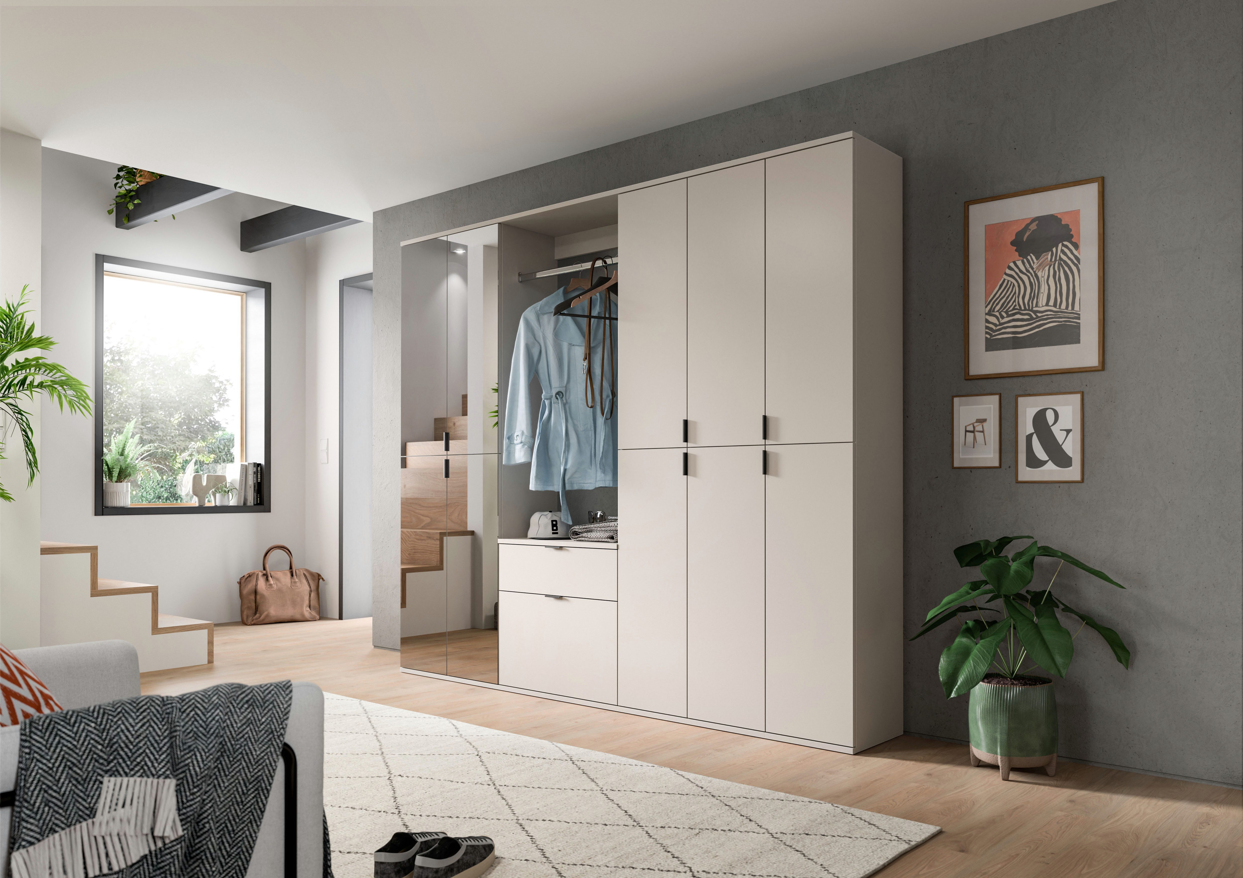 Home affaire Garderoben-Set TRONDHEIM, 6-teilig, Breite 213cm, individuell platzier- & erweiterbar, (Set, 5-St., bestehend aus: 3x Garderobenschrank & 3-tlgs. Zwischenbauelement), Garderobenschrank, Kleiderschrank, Schrankkombination, Garderobe