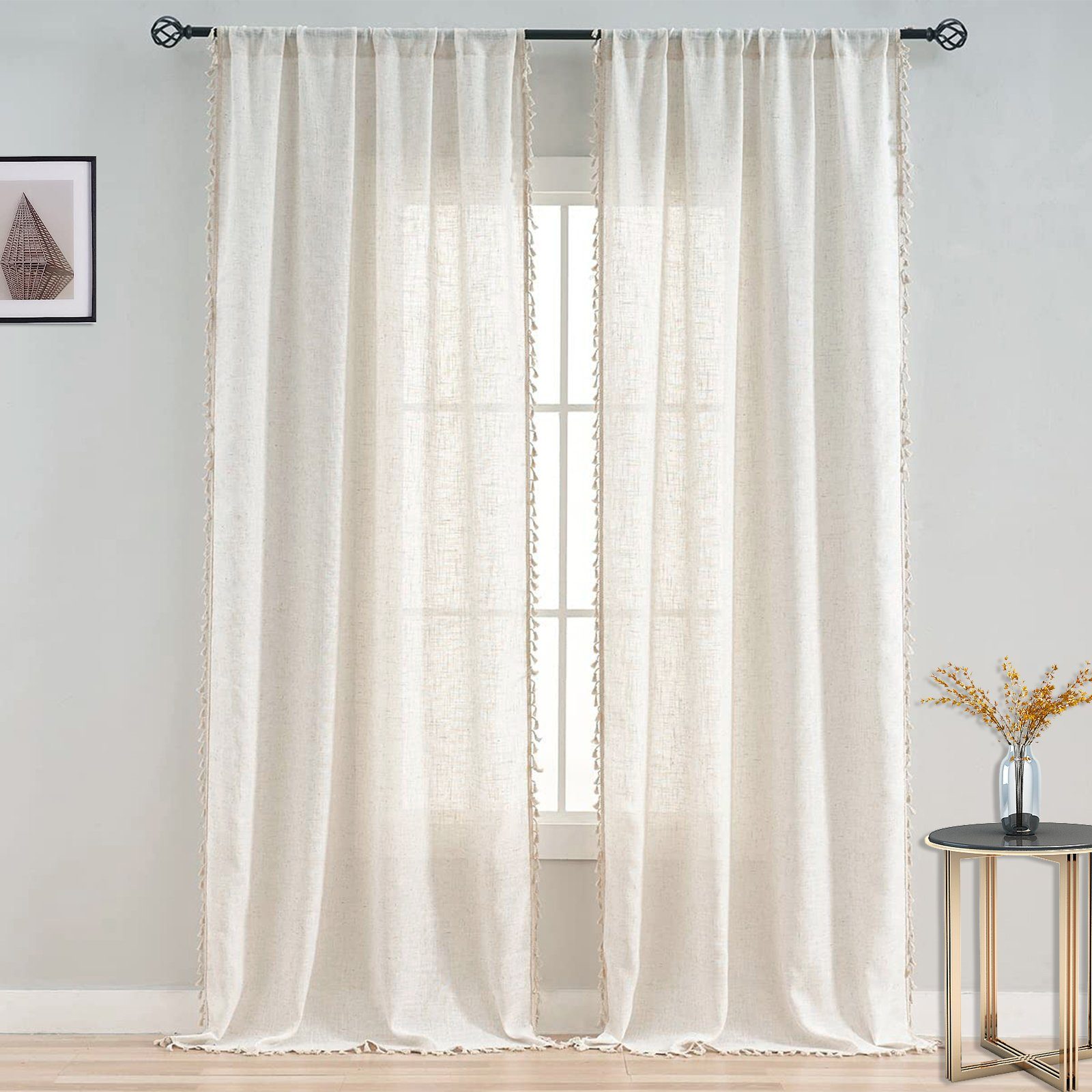 BTTO V&G Gardine Retro Vorhänge mit Quasten,Voile Gardinen Boho Vorhänge (1 St), halbtransparent, mit Stangedurchzug – Bild 3 von 5