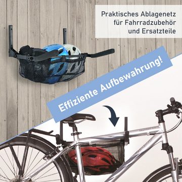Lemodo Fahrradwandhalterung klappbare Fahrradhalterung mit praktischem Ablagenetz (Set, inkl. Ablagenetz), mit Ablagekorb, Metall, klappbar, Gummischutz