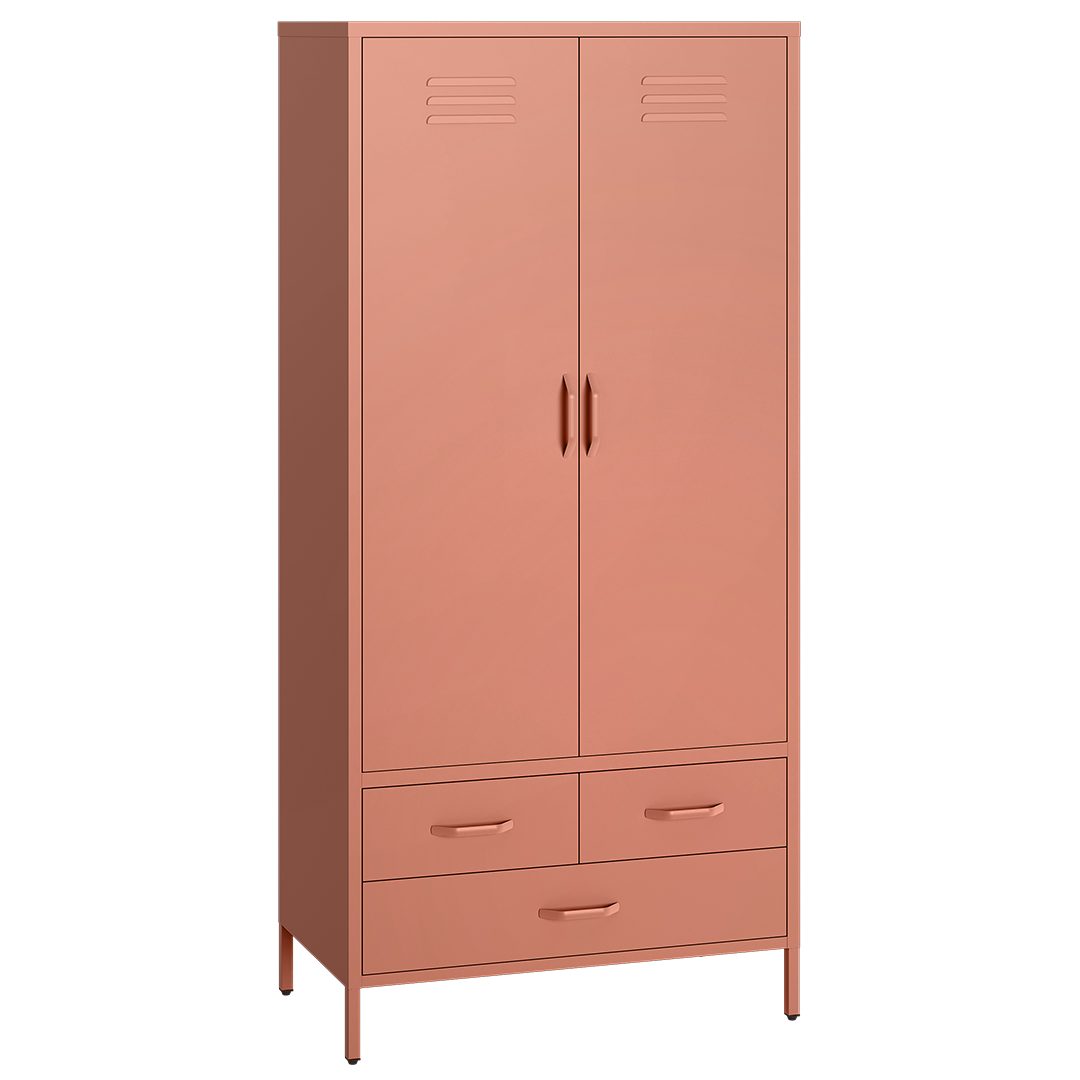 skølm Kleiderschrank Atria aus Metall (Terrakotta) Metallschrank mit 6 Fächern, 3 Schubladen & 2 Kleiderstangen