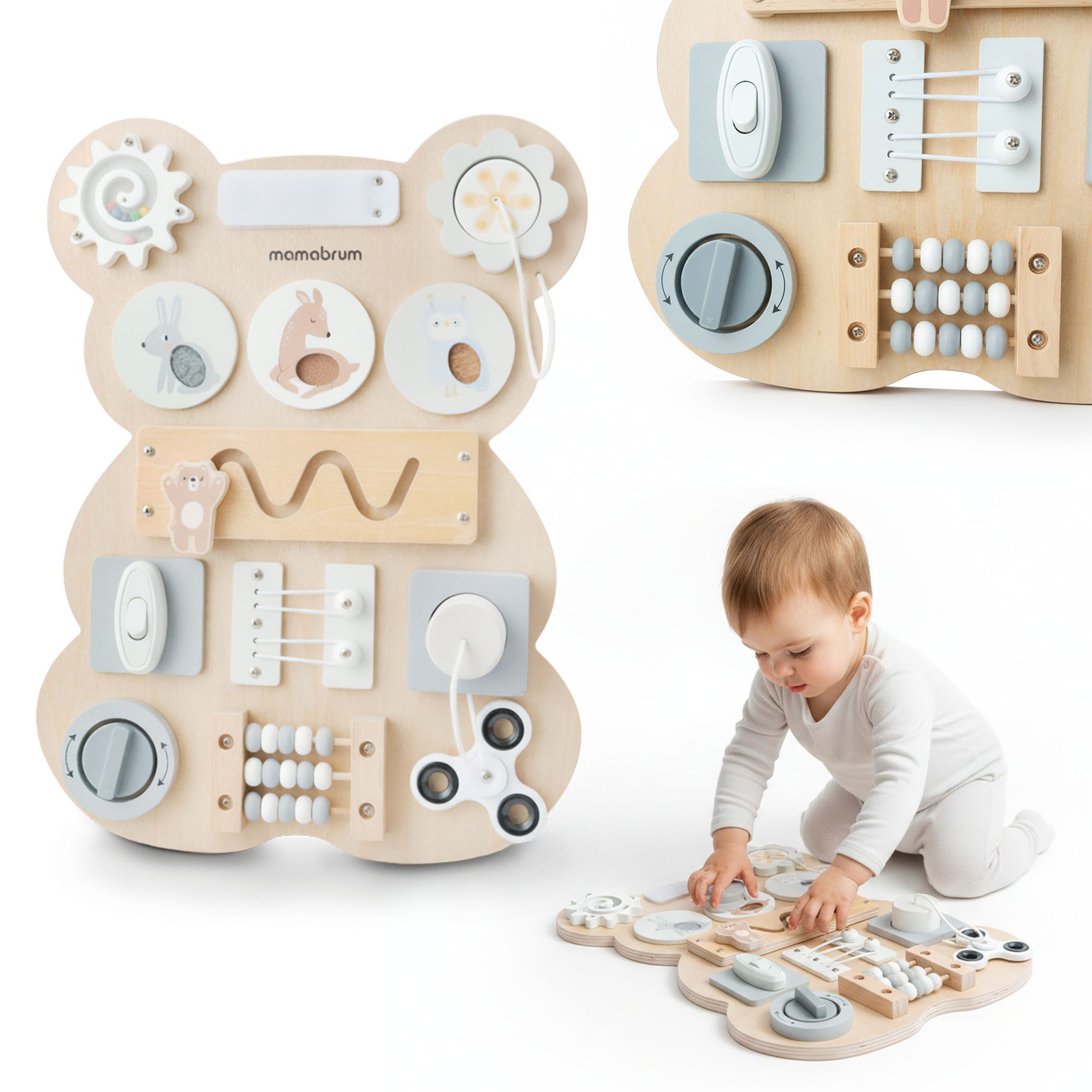 Mamabrum Lernspielzeug Montessori Busy Board Holz Teddy – Motorik & Sensorik
