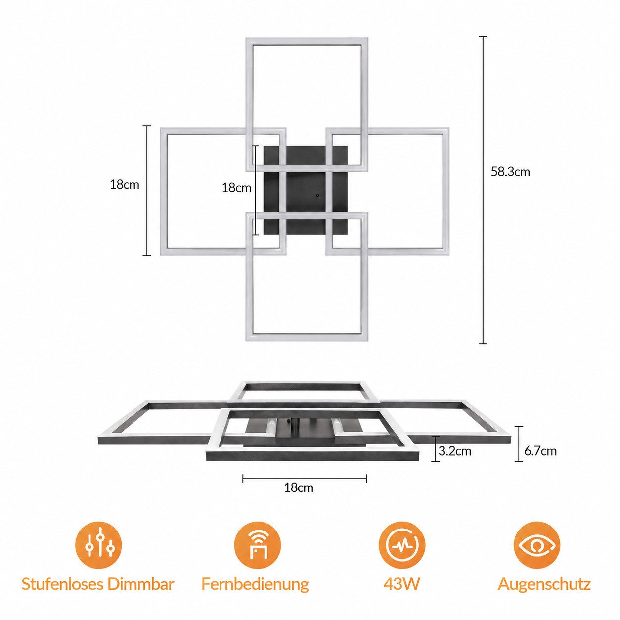 Nettlife LED Deckenleuchte 31/43W dimmbar Wohnzimmerlampe Fernbedienung eckige modern Deckenlampe, LED fest integriert, für Schlafzimmer Küche Büro wechselbar von 3000K-6000K