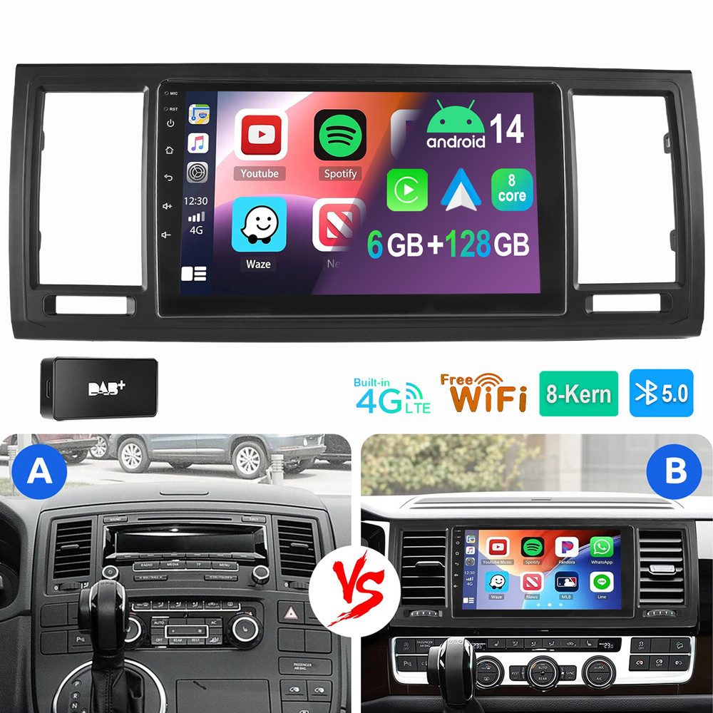 ESSGOO Für VW T6 Transporter Multivan 2016-2019 6+128GB 8-kern Autoradio (RDS, Digitalradio (DAB), FM, AM, Apple Carplay Android Auto Navi WIFI 4G LTE)