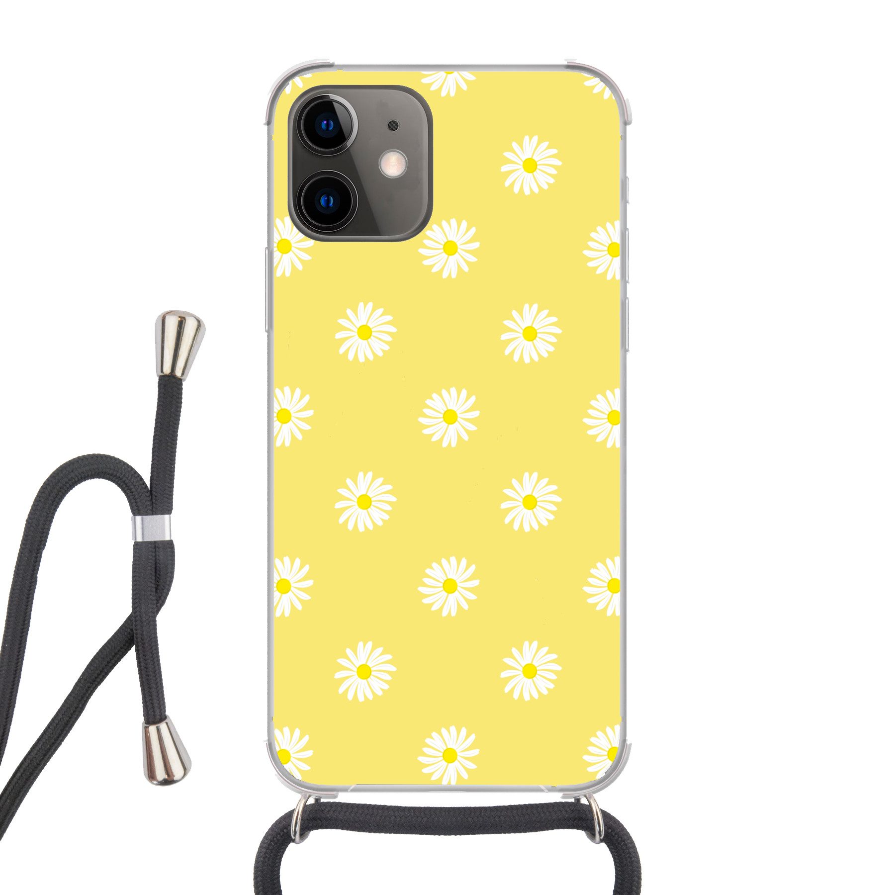 MuchoWow Handyhülle für Apple iPhone 11 Gänseblümchen - Pastell - Weiß - Gelb - Blumen, Tragbare Handyhüllen mit Kette zum umhängen, Handykette Handyband