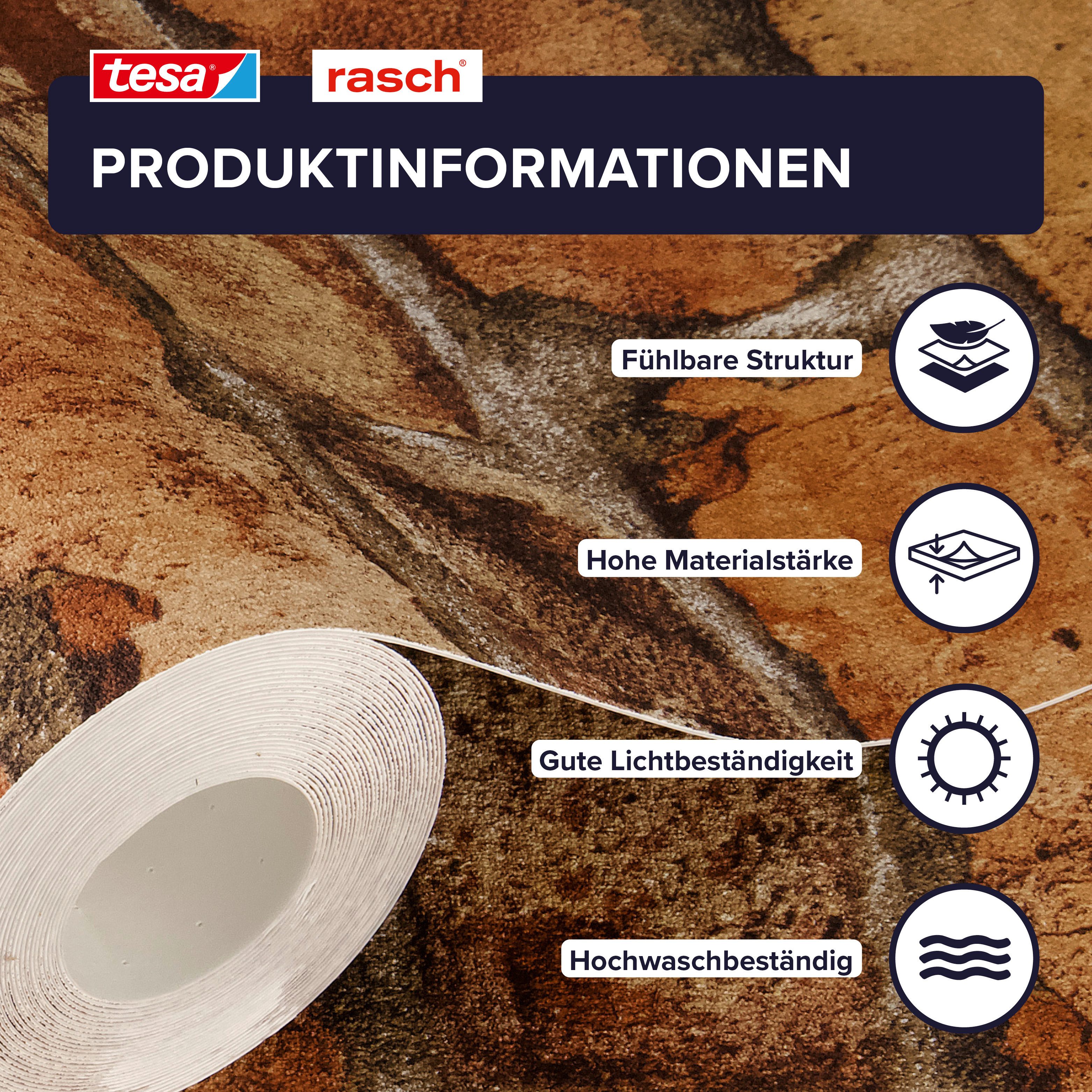 Rasch Vliestapete Clayton - Selbstklebende Tapete Steinmauer von tesa® x rasch®, strukturiert, Steinoptik, Ziegel, Mauer, Mauerwerk, (1 St), selbstklebend, 6,00m x 0,53m