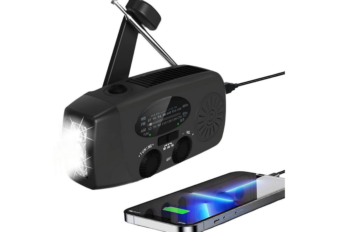 Solarbaby Notfallradio mit Kurbel & Solar, 2000mAh Powerbank, LED Lampe & SOS Notfallradio (AM/FM Wetterradio, Handy-Ladefunktion, Lithium-Akku, Leselampe)