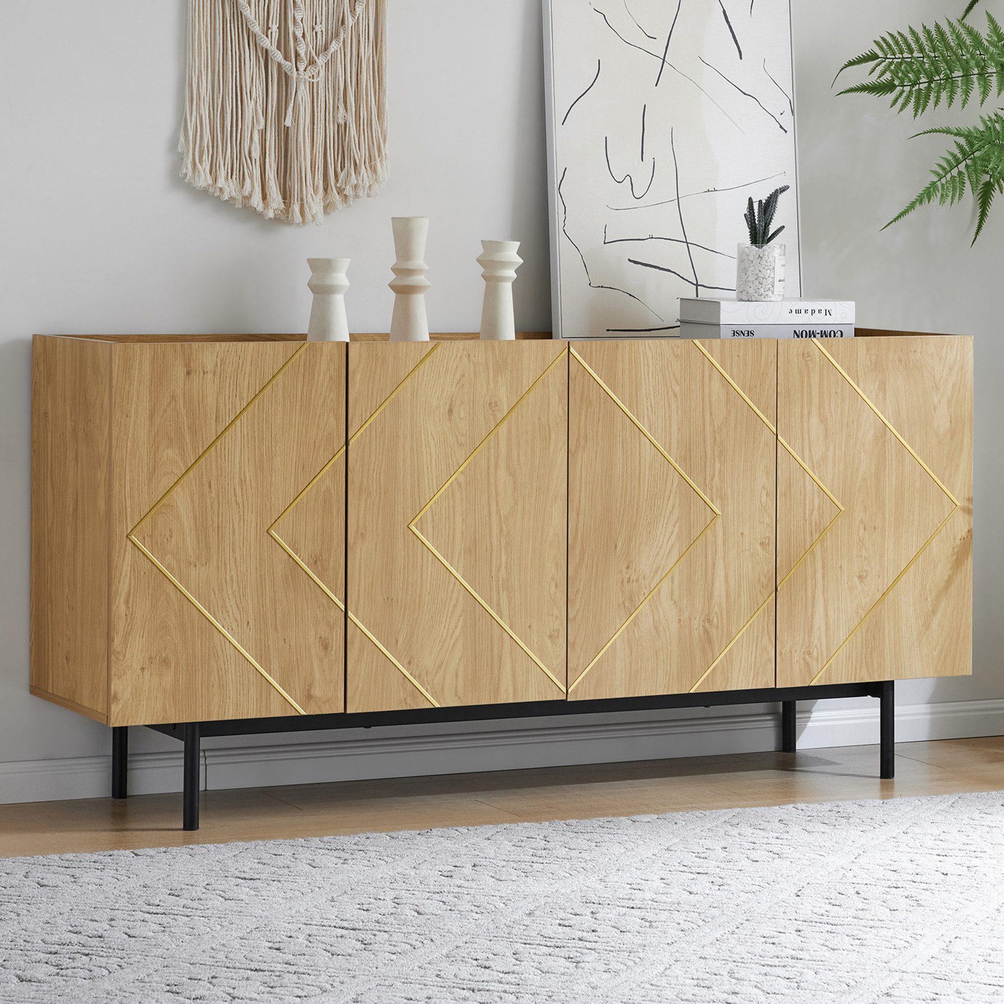 Flieks Sideboard mit 4 Türen (B160/T40/H78 cm, 1 St., für Wohnzimmer, Schlafzimmer, Esszimmer, Flur), Mehrzweckschrank mit verstellbare Einlegeböden Holzoptik,  – Bild 3 von 5