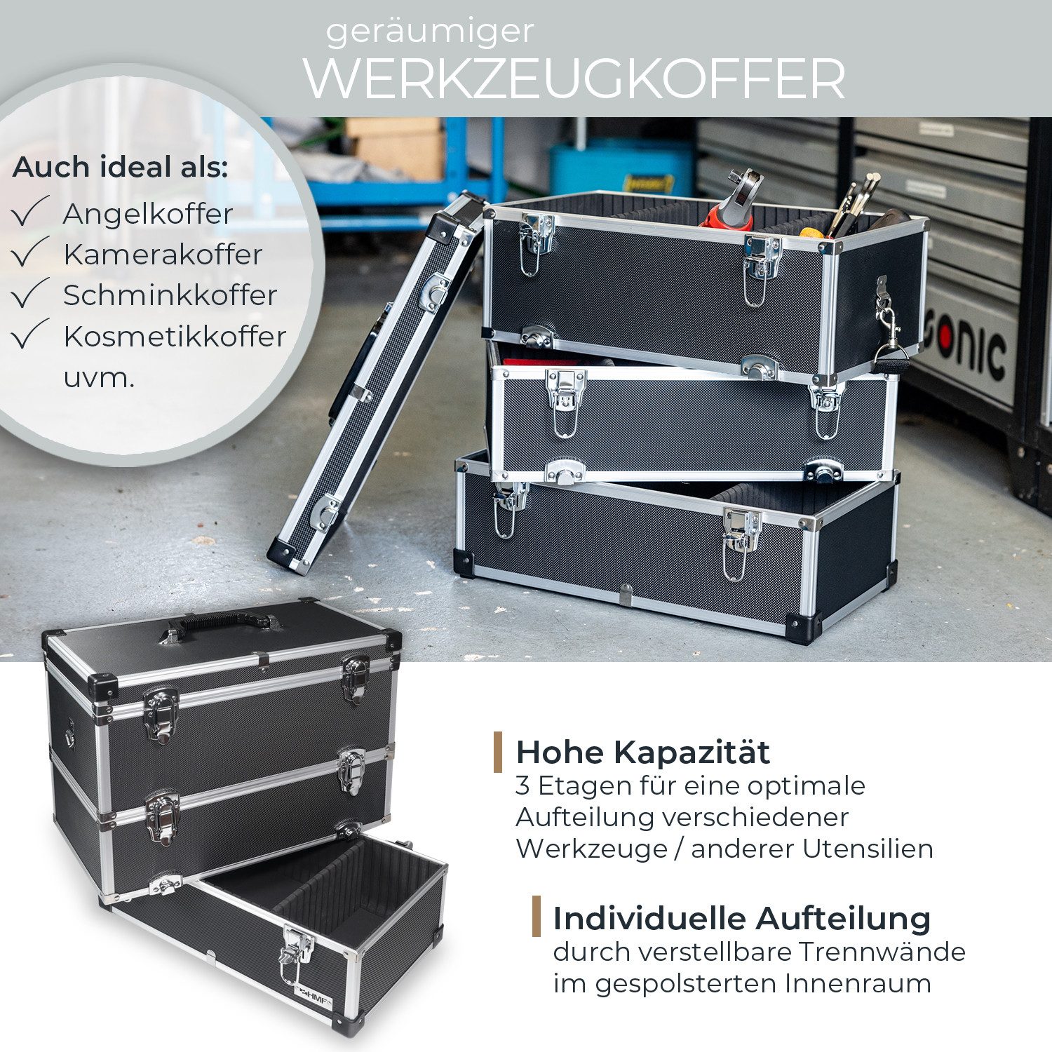 HMF Werkzeugkoffer geräumiger Utensilien Koffer mit Trennwänden, Transportkoffer, für Werkzeug, Angel Sachen und Kosmetik, 44x45x24 cm, schwarz