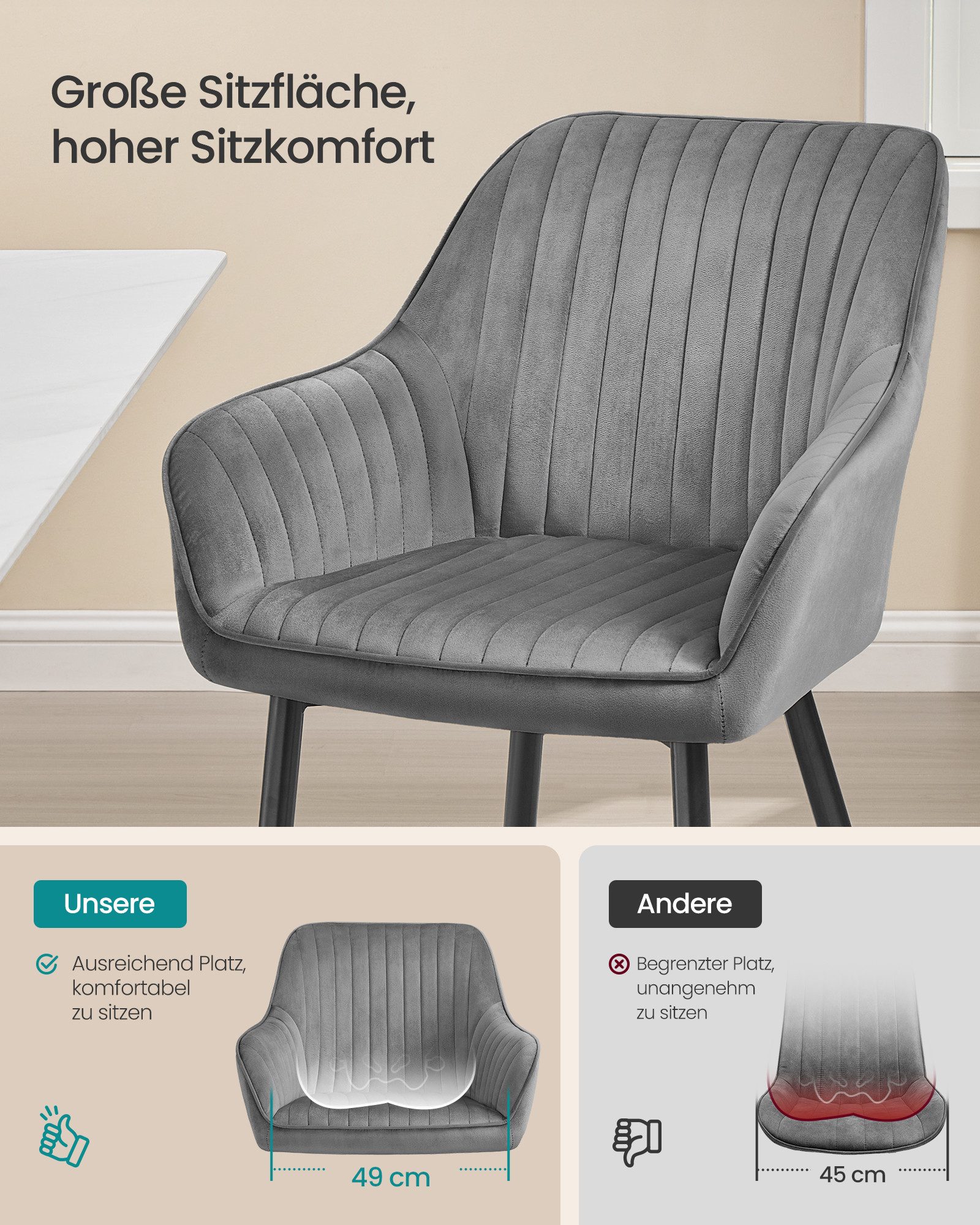 SONGMICS Esszimmerstuhl Küchenstuhl aus Samt, Polsterstuhl mit Armlehnen, Loungesessel (6 St), 6er Set, Metallbeine, bis 120 kg belastbar – Bild 4 von 5