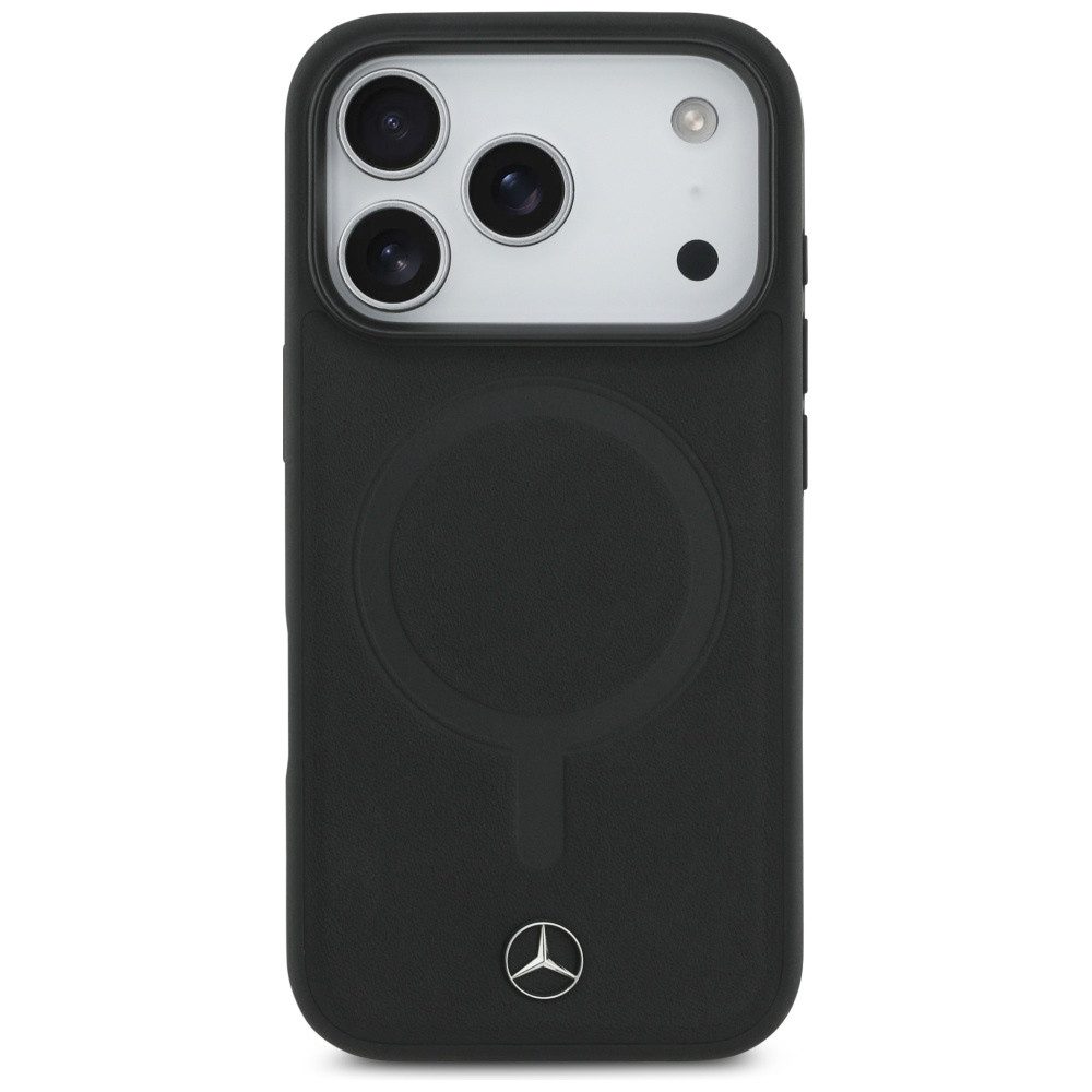 Mercedes Benz Handyhülle iPhone 17 Pro Echtleder schwarz Logo Metall MagSafe 6,3 Zoll, Kantenschutz